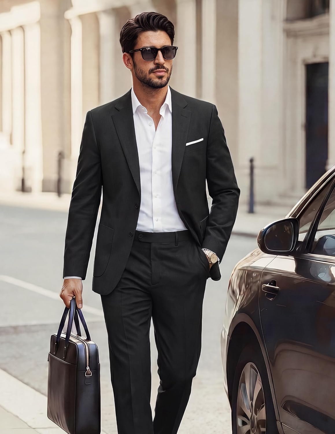 image:imagePJ PAUL JONES Mens Suit 2 Piece Classic Fit Suit Set Two Button Business Blazer Jacket Pants Set Wedding PromBlack