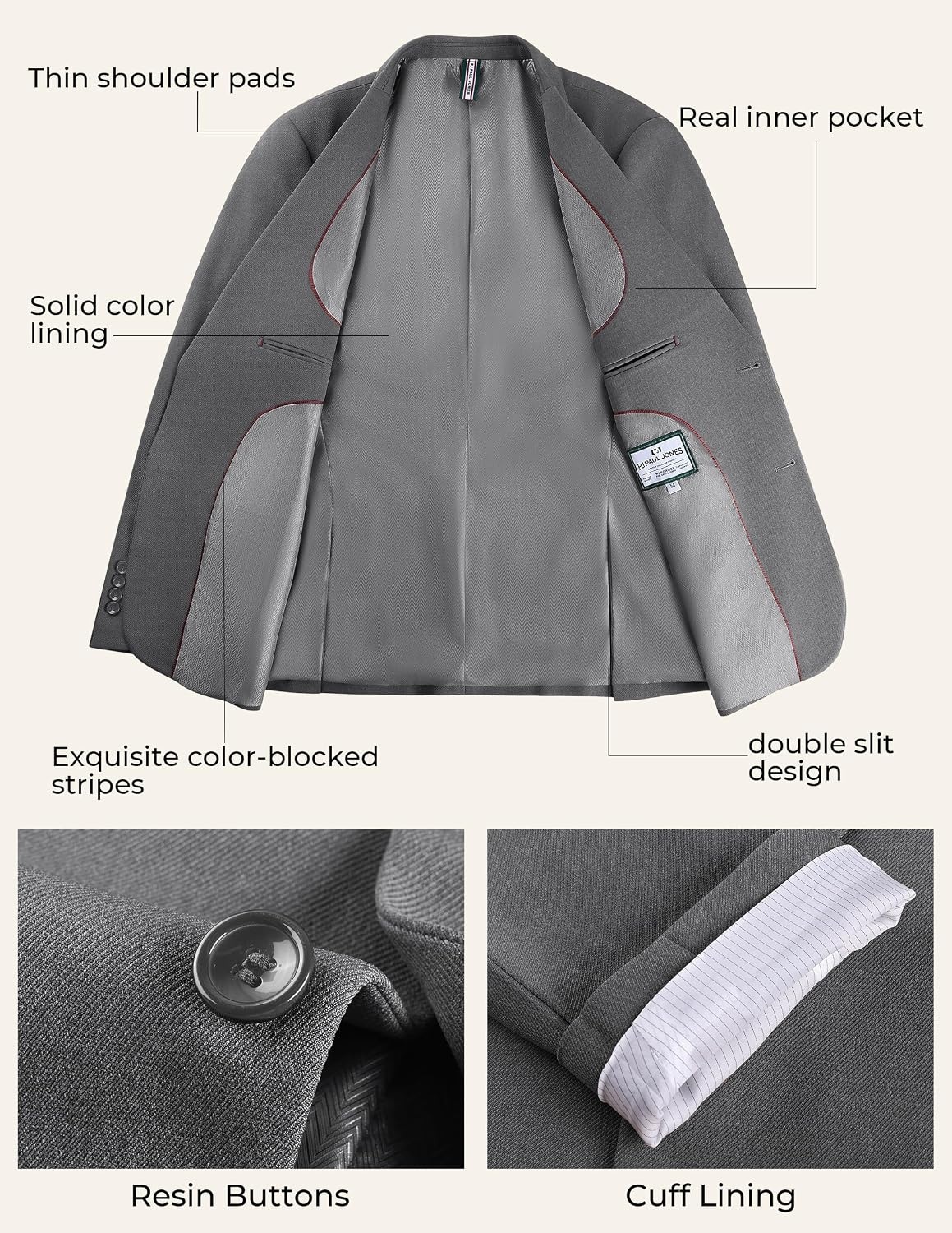 image:imagePJ PAUL JONES Mens Suit 2 Piece Classic Fit Suit Set Two Button Business Blazer Jacket Pants Set Wedding PromDark Gray