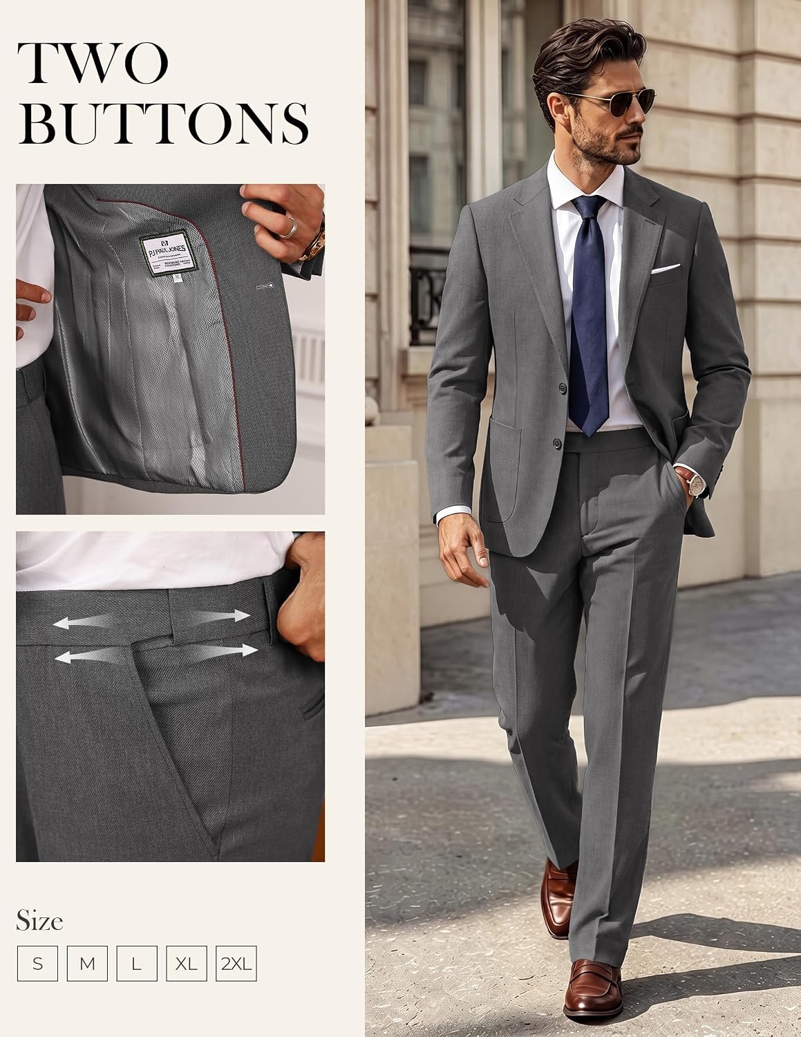 image:imagePJ PAUL JONES Mens Suit 2 Piece Classic Fit Suit Set Two Button Business Blazer Jacket Pants Set Wedding PromDark Gray