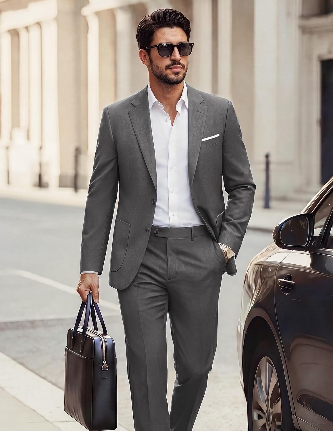 image:imagePJ PAUL JONES Mens Suit 2 Piece Classic Fit Suit Set Two Button Business Blazer Jacket Pants Set Wedding PromDark Gray