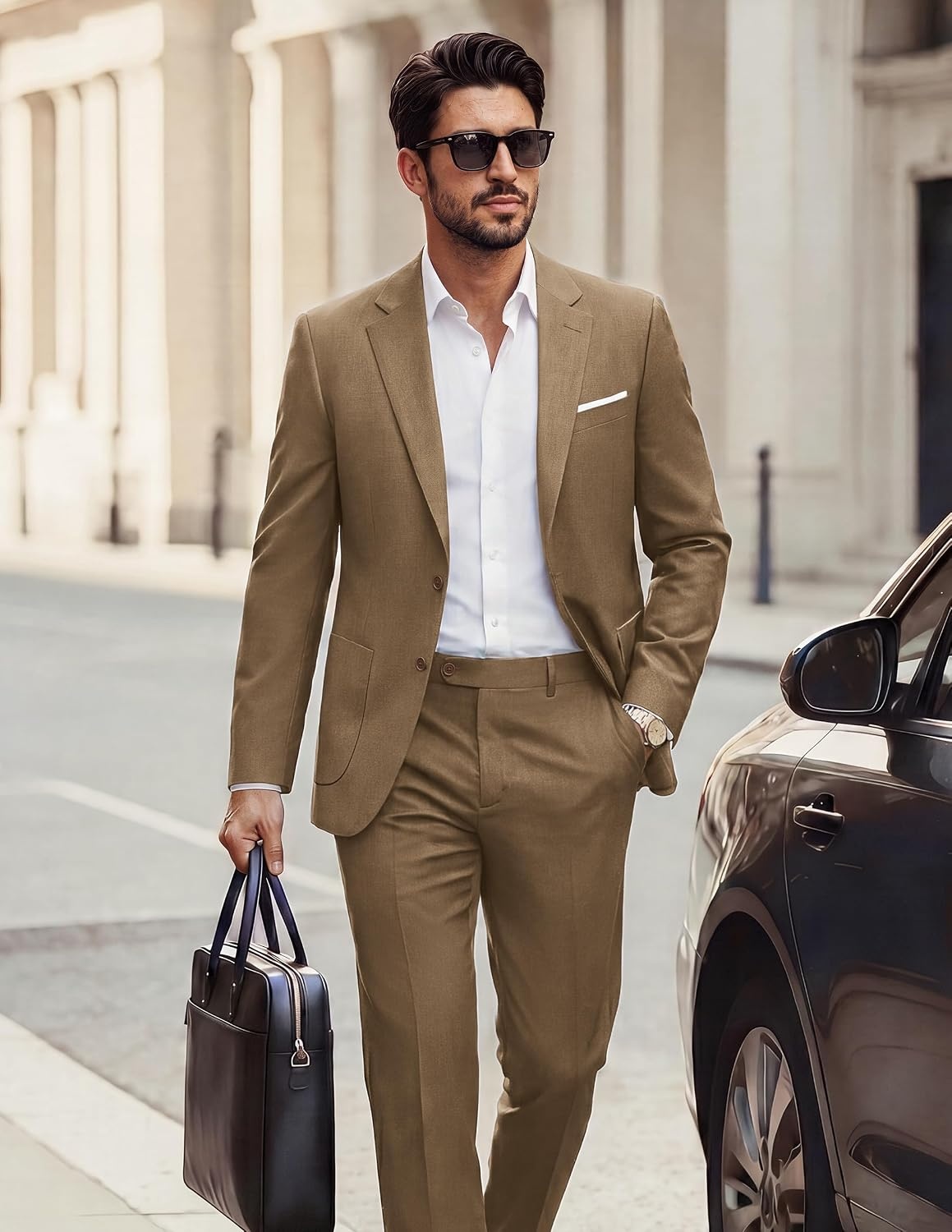 image:imagePJ PAUL JONES Mens Suit 2 Piece Classic Fit Suit Set Two Button Business Blazer Jacket Pants Set Wedding PromKhaki