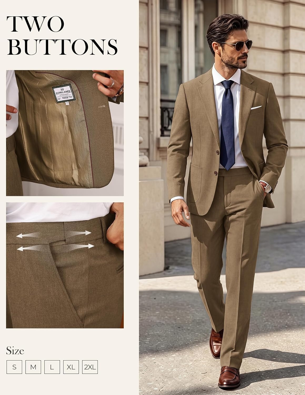 image:imagePJ PAUL JONES Mens Suit 2 Piece Classic Fit Suit Set Two Button Business Blazer Jacket Pants Set Wedding PromKhaki