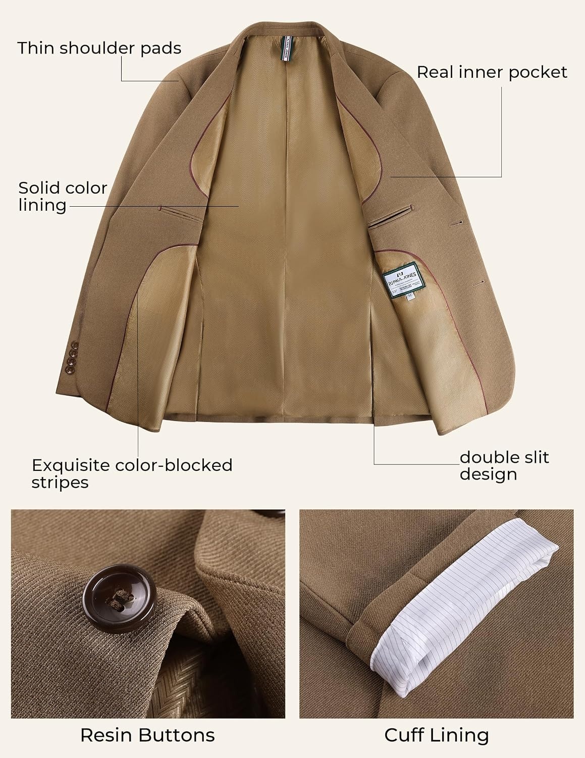 image:imagePJ PAUL JONES Mens Suit 2 Piece Classic Fit Suit Set Two Button Business Blazer Jacket Pants Set Wedding PromKhaki