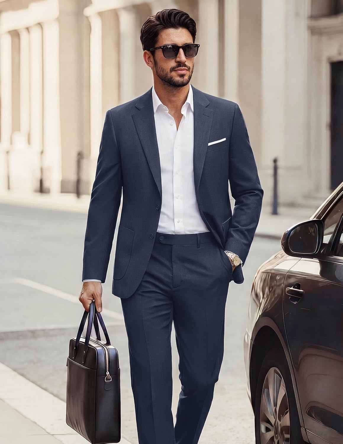 image:imagePJ PAUL JONES Mens Suit 2 Piece Classic Fit Suit Set Two Button Business Blazer Jacket Pants Set Wedding PromNavy Blue