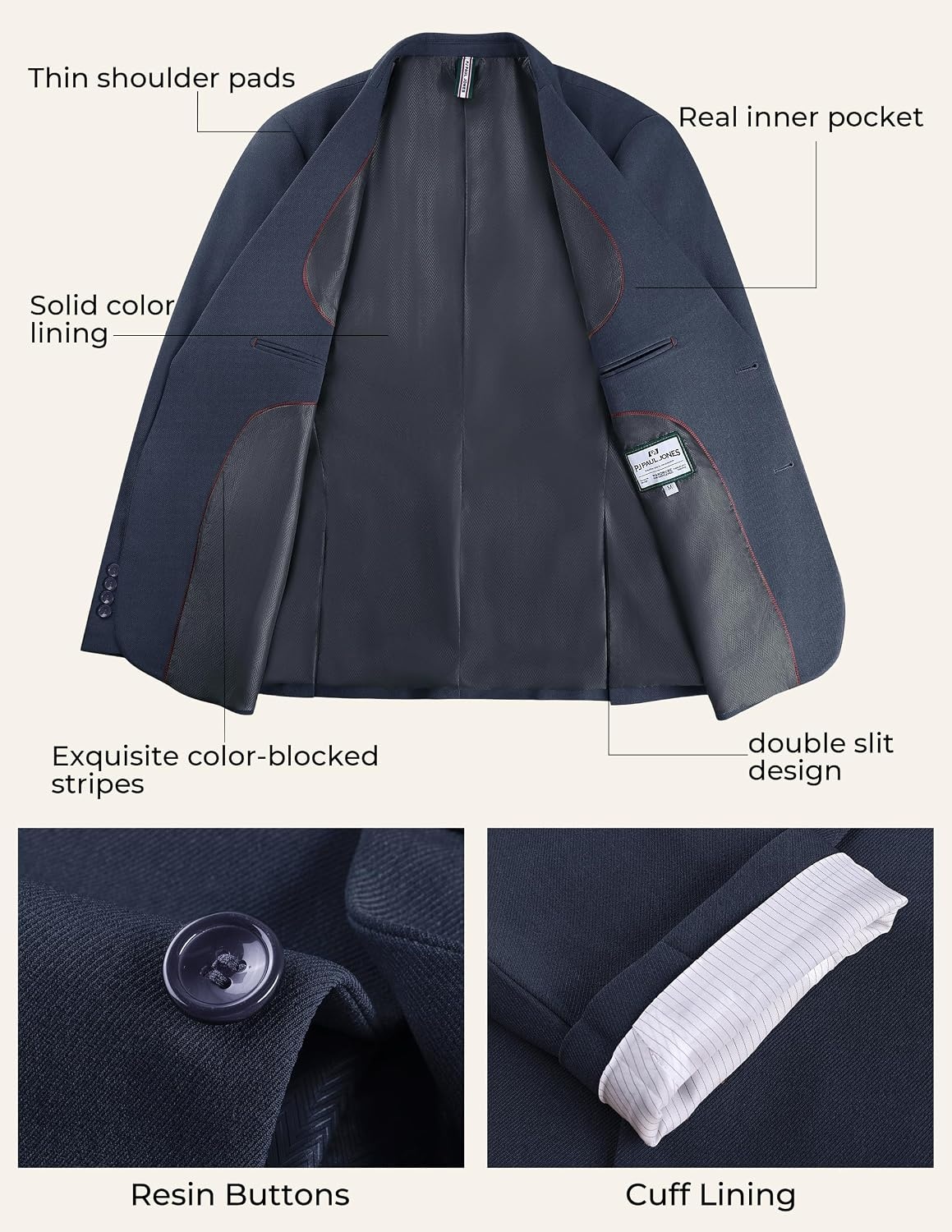 image:imagePJ PAUL JONES Mens Suit 2 Piece Classic Fit Suit Set Two Button Business Blazer Jacket Pants Set Wedding PromNavy Blue