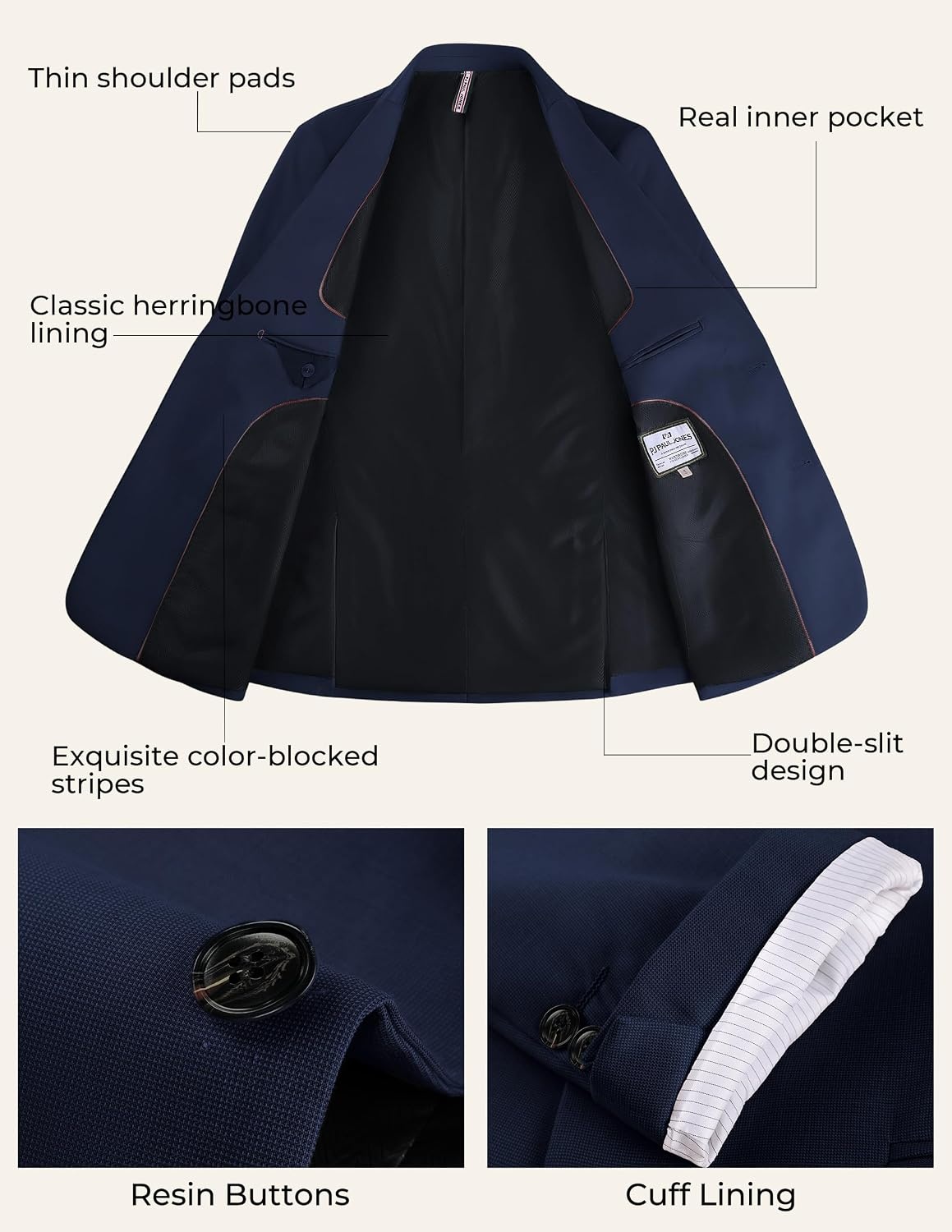 image:imagePJ PAUL JONES Mens Suit Jacket Business Casual Blazer Slim Fit Sport Coats Stretchy Skinfriendly Durable fabric Suit Jacket with pocket Two button blazer jacket for work party wedding dinnerNavy Blue