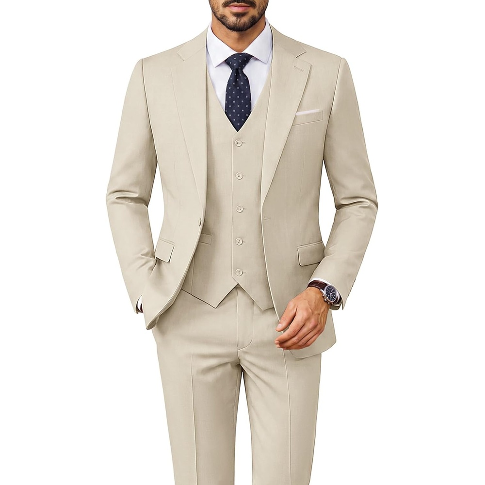 image:imagePJ PAUL JONES 3 Piece Suits for Men Slim Fit Suit Set Dress Business Tuxedo Soft durable fabric Stretch Adjustable waist belt Machine washable One button jacket vest pant suit for wedding promApricot