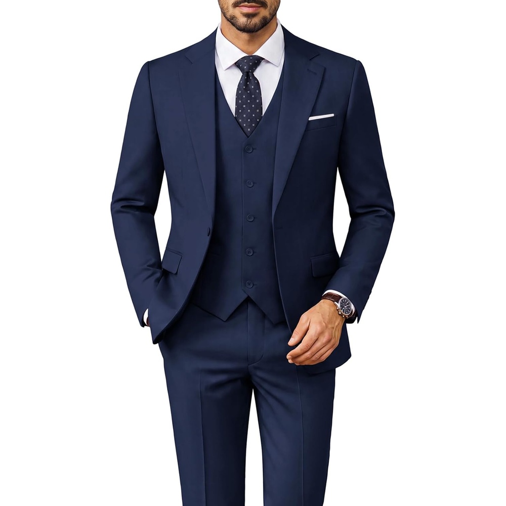 image:imagePJ PAUL JONES 3 Piece Suits for Men Slim Fit Suit Set Dress Business Tuxedo Soft durable fabric Stretch Adjustable waist belt Machine washable One button jacket vest pant suit for wedding promDark Blue