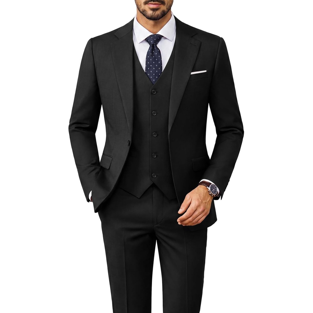 image:imagePJ PAUL JONES 3 Piece Suits for Men Slim Fit Suit Set Dress Business Tuxedo Soft durable fabric Stretch Adjustable waist belt Machine washable One button jacket vest pant suit for wedding promBlack
