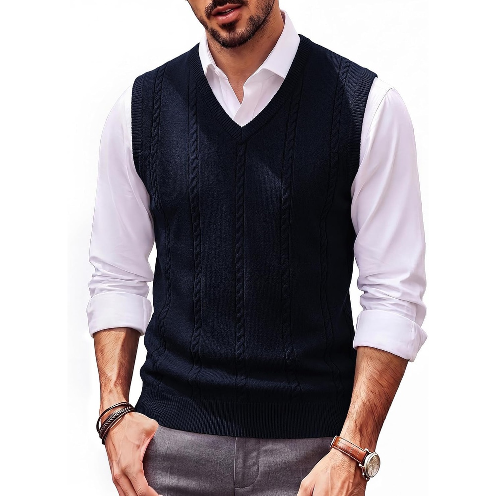 image:imagePJ PAUL JONES Mens Cable Knit Sweater Vest V Neck Sweater V Neck Pullover KnittedBreathable Stretchy Sweater VestRegular Fit Casual SweatersClassic Fall and Winter TopsNavy Blue