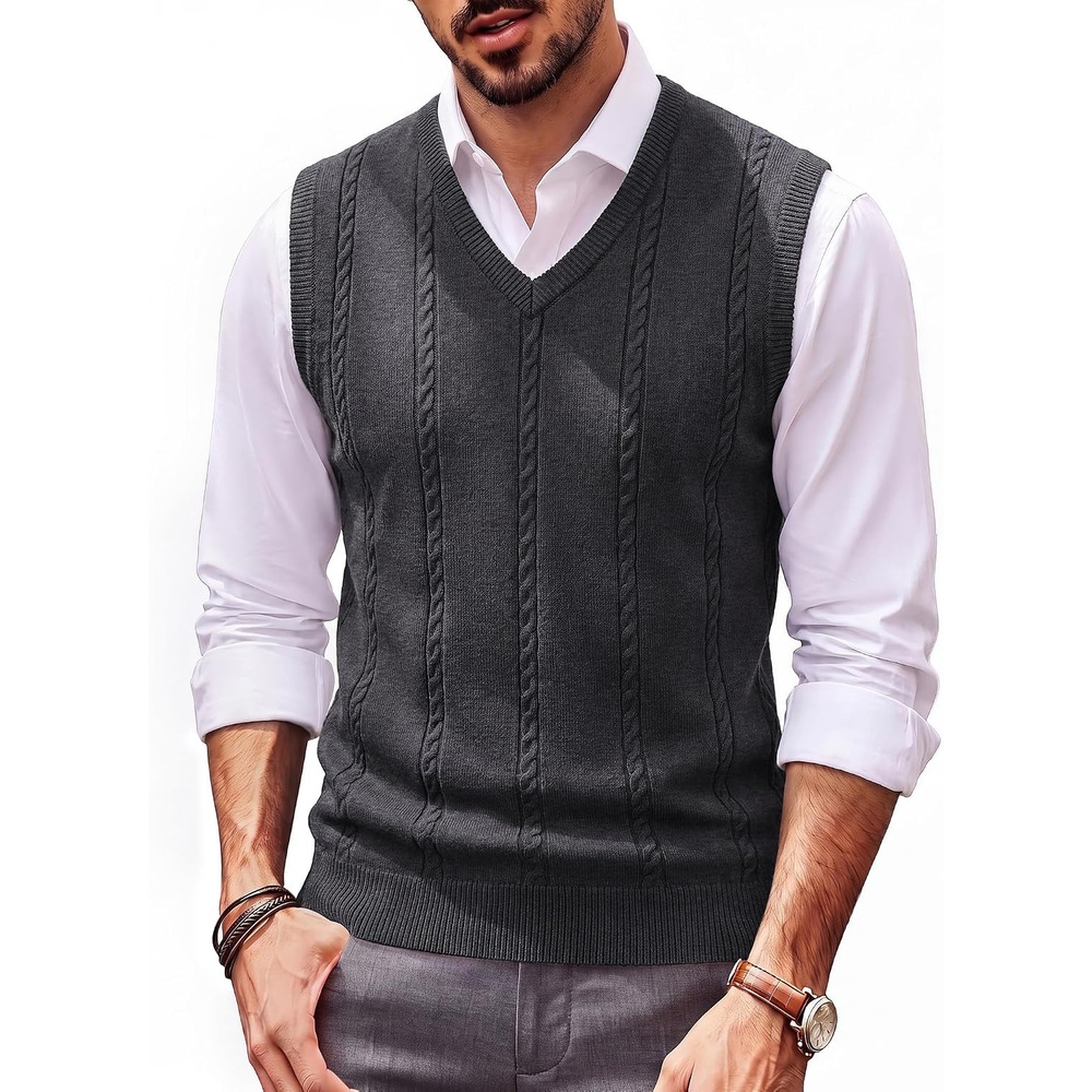 image:imagePJ PAUL JONES Mens Cable Knit Sweater Vest V Neck Sweater V Neck Pullover KnittedBreathable Stretchy Sweater VestRegular Fit Casual SweatersClassic Fall and Winter TopsGrey