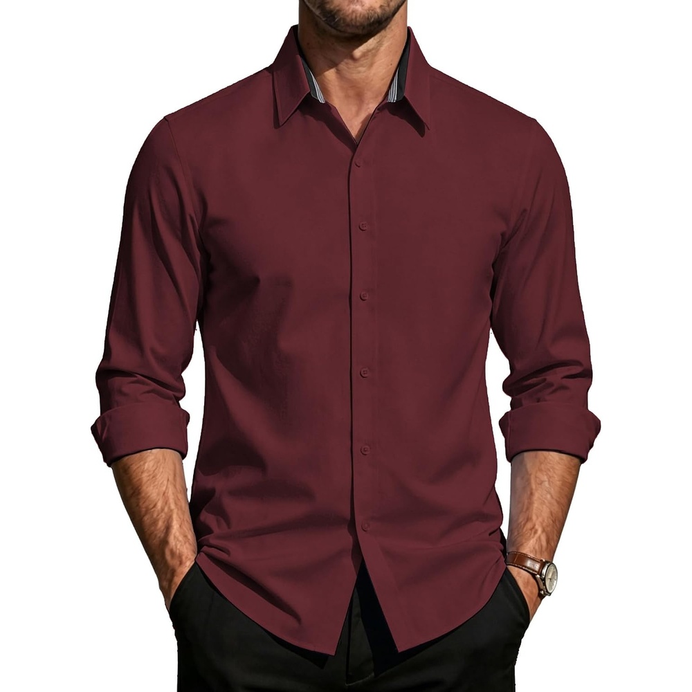 image:imagePJ PAUL JONES Mens Dress Shirts Long Sleeve Button Down Shirt Stretch Wrinkle Free Untucked Shirts for Men Business CasualDark Red