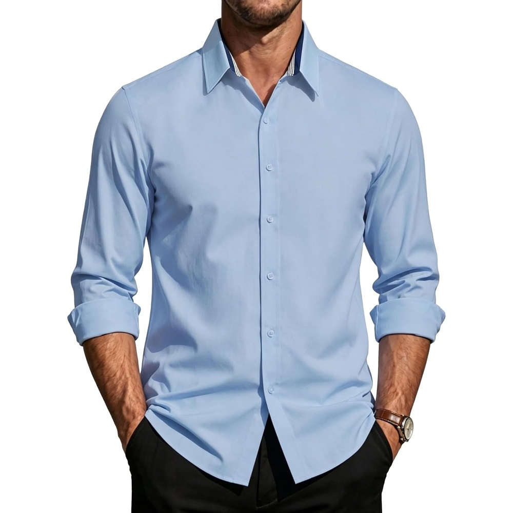 image:imagePJ PAUL JONES Mens Dress Shirts Long Sleeve Button Down Shirt Stretch Wrinkle Free Untucked Shirts for Men Business CasualSky Blue