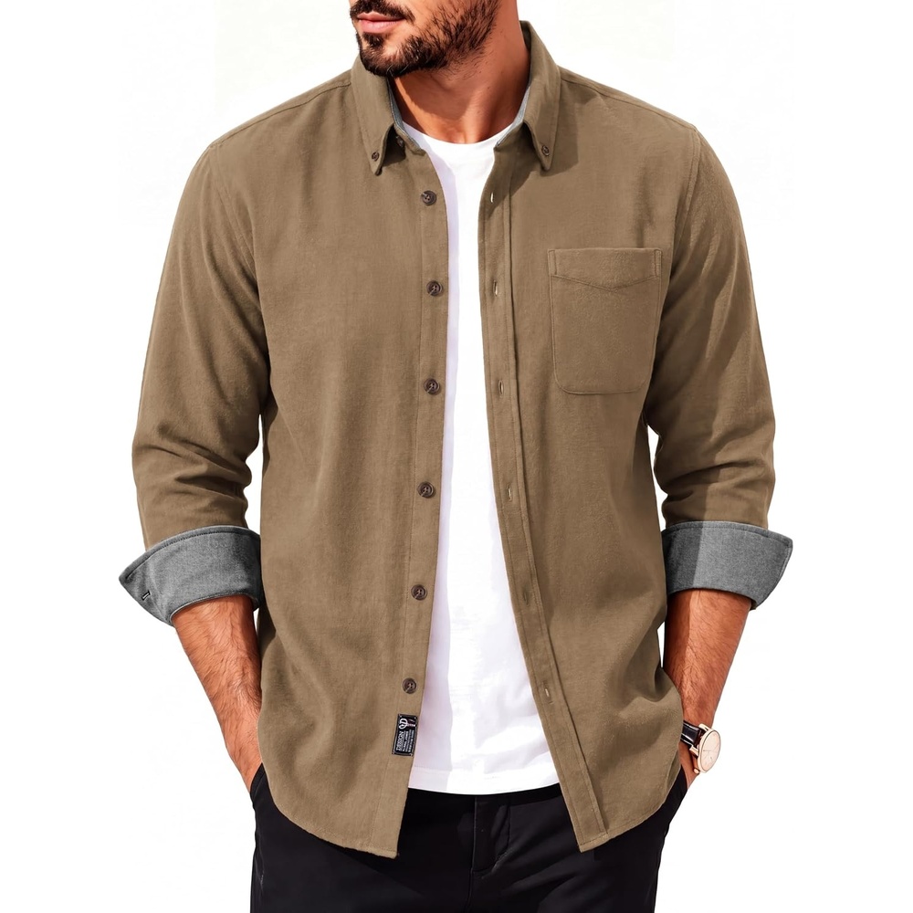 image:imagePJ PAUL JONES Mens Flannel Button Down Long Sleeve Shirts 100 Brushed Cotton Untucked Shirt Soft Warm WearResistant Regular Fit Casual Mens Fall Shirts for Work OutdoorLight Camel