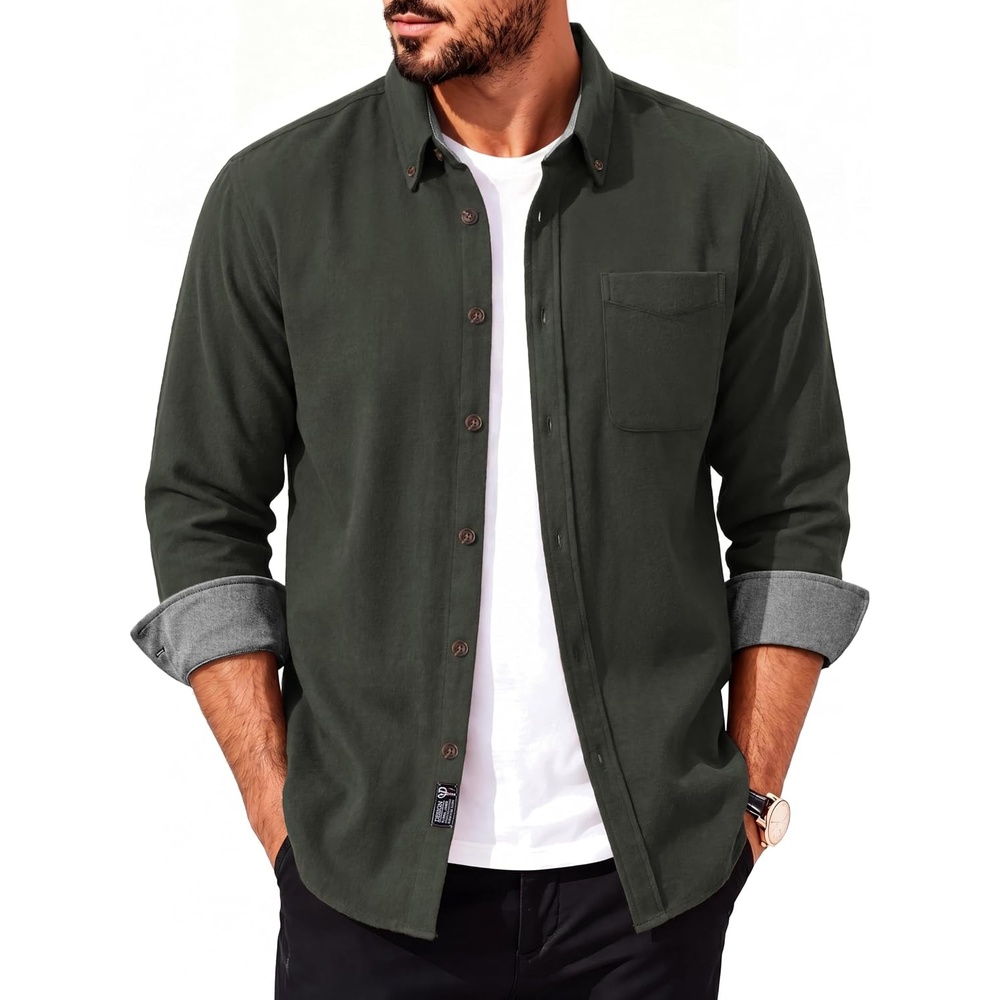 image:imagePJ PAUL JONES Mens Flannel Button Down Long Sleeve Shirts 100 Brushed Cotton Untucked Shirt Soft Warm WearResistant Regular Fit Casual Mens Fall Shirts for Work OutdoorArmy Green
