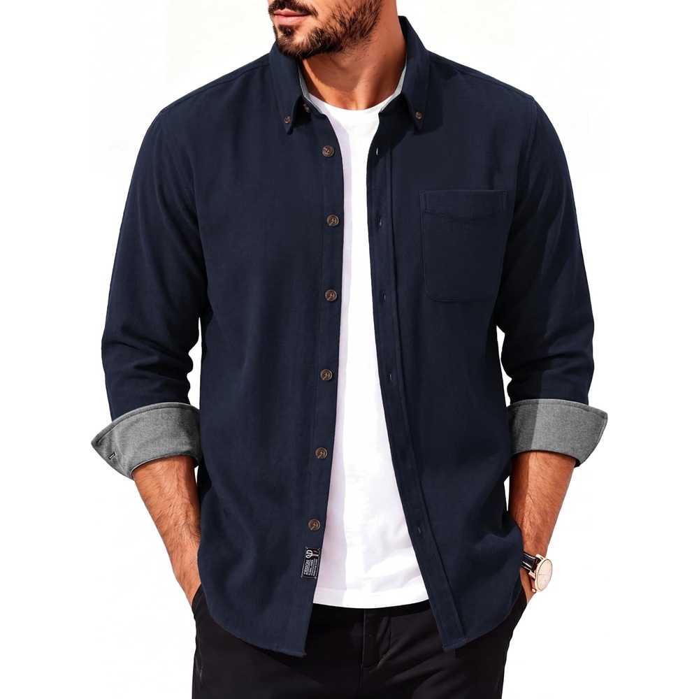 image:imagePJ PAUL JONES Mens Flannel Button Down Long Sleeve Shirts  100 Brushed Cotton Untucked Shirt Soft Warm WearResistant Regular Fit Casual Mens Fall Shirts for Work OutdoorNavy Blue