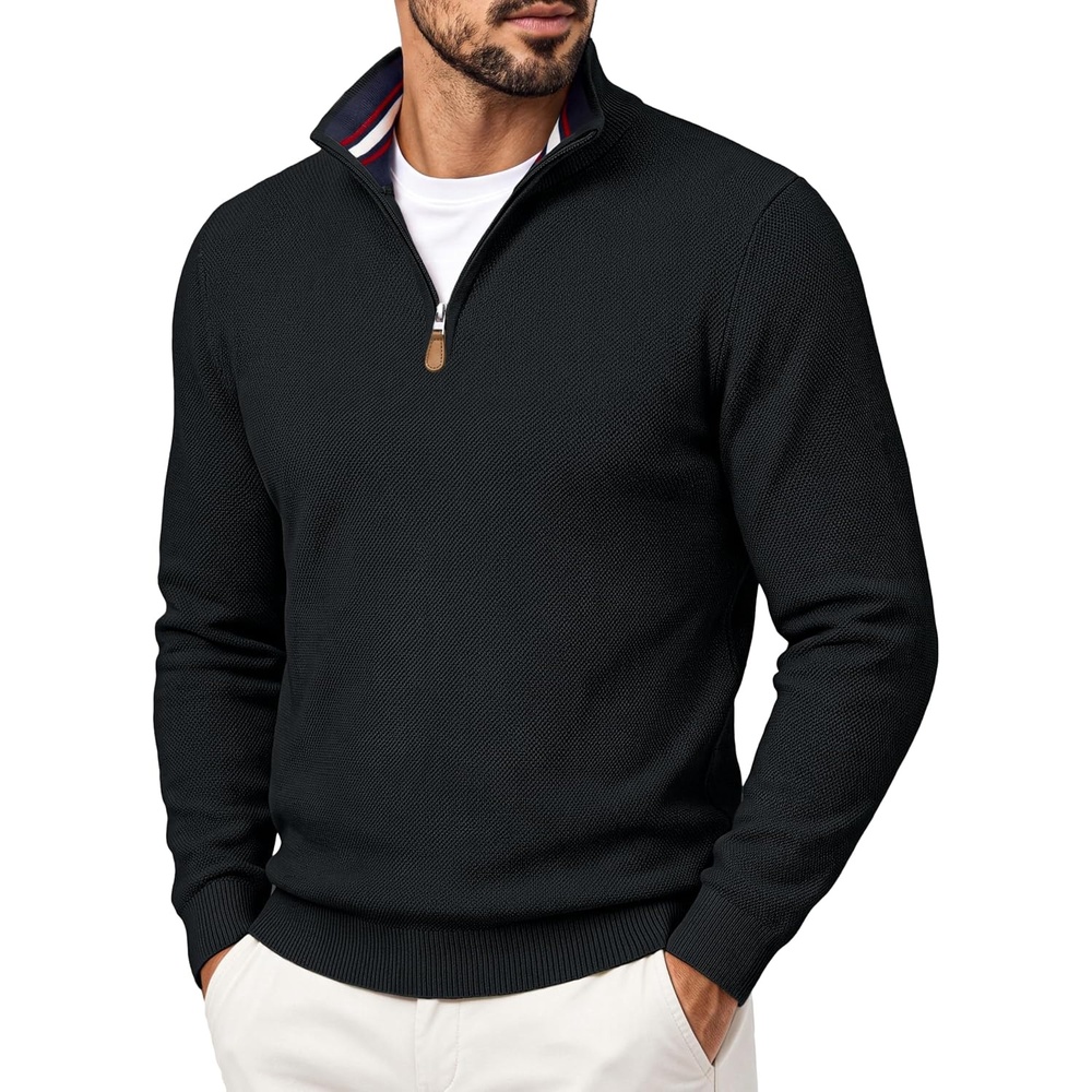 image:imagePJ PAUL JONES Mens Quarter Zip Pullover Sweater 14 ZipMock Neck Long Sleeve Sweaters Lightweight Soft Tops Business Casual Work Office Outfits Fall Winter 2026 ClothesBlack