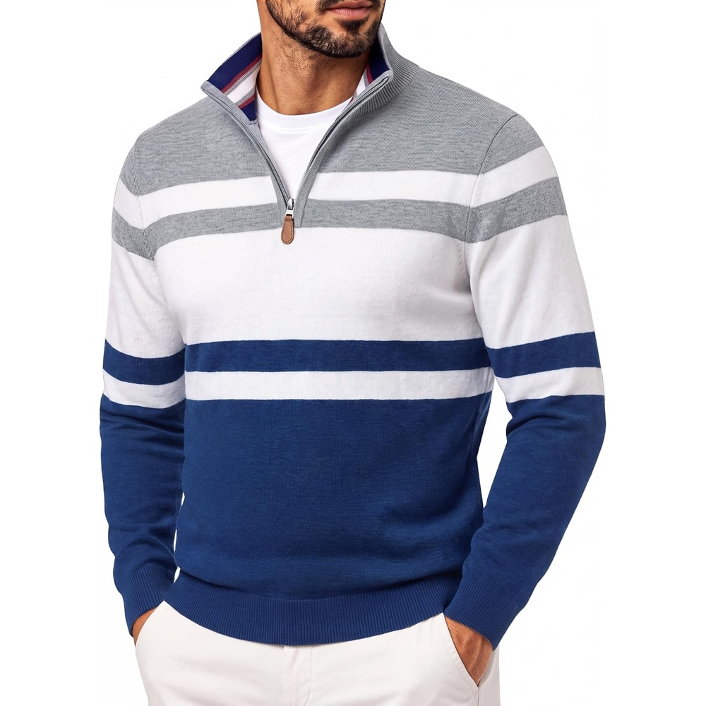 image:imagePJ PAUL JONES Mens Quarter Zip Pullover Sweater 14 ZipMock Neck Long Sleeve Sweaters Lightweight Soft Tops Business Casual Work Office Outfits Fall Winter 2026 ClothesBlue Light Grey