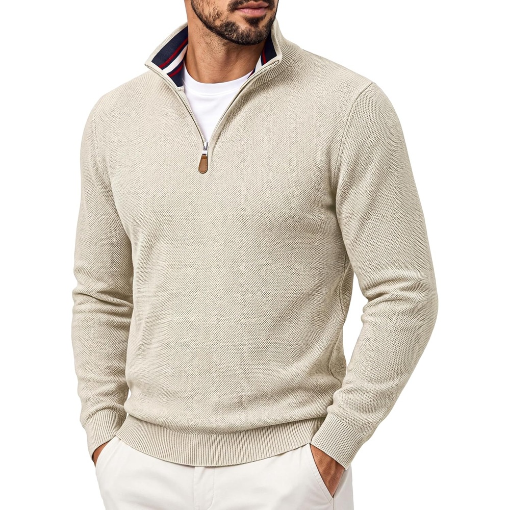 image:imagePJ PAUL JONES Mens Quarter Zip Pullover Sweater  14 ZipMock Neck Long Sleeve Sweaters Lightweight Soft Tops Business Casual Work Office Outfits Fall Winter 2026 ClothesApricot