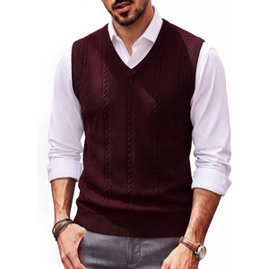 PJ PAUL JONES Mens Cable Knit Sweater Vest V Neck Sweater | V Neck Pullover Knitted,Breathable Stretchy Sweater Vest,Regular Fit Casual Sweaters,Classic Fall and Winter Tops(Wine Red)