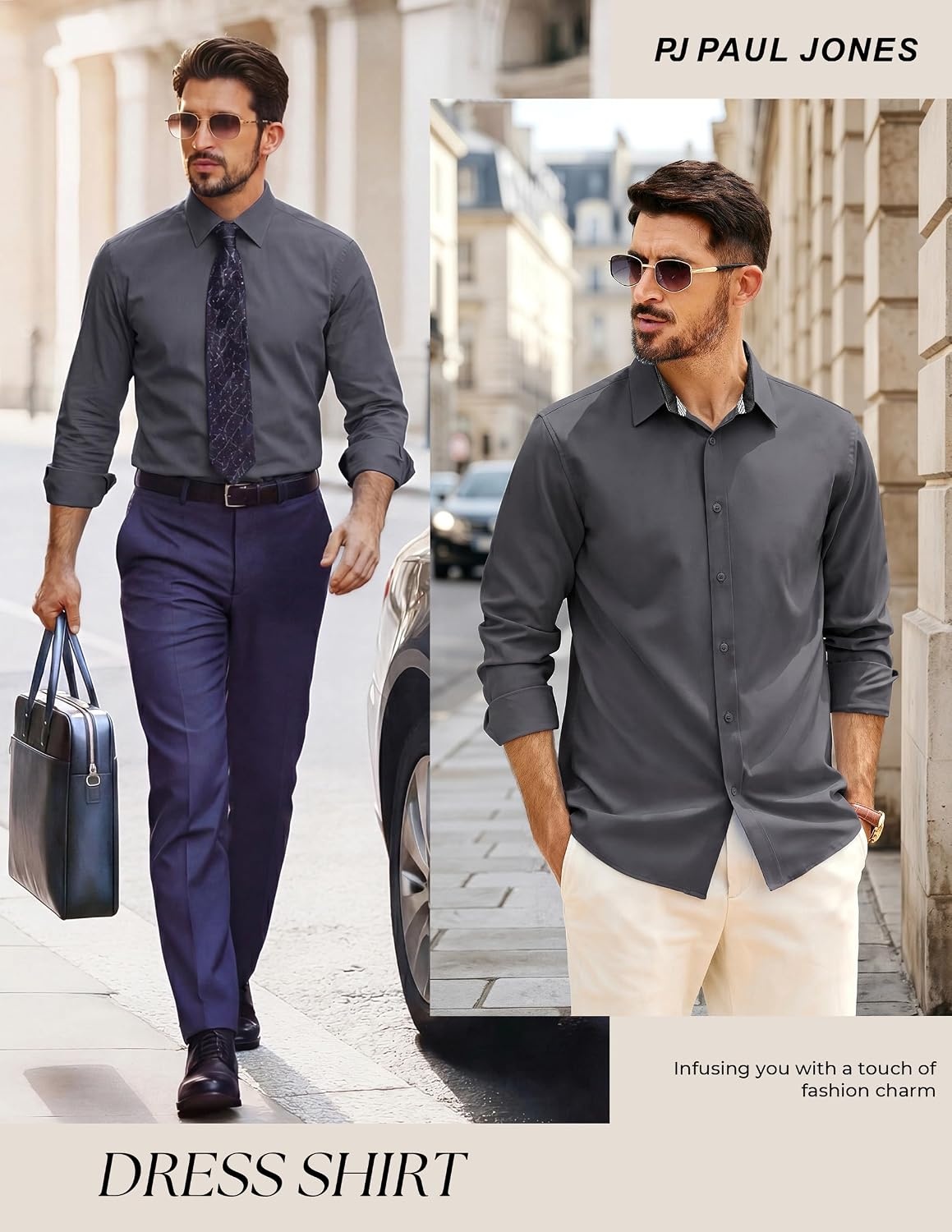 image:imagePJ PAUL JONES Mens Dress Shirts Long Sleeve Wrinkle Free Button Down Shirt Stretch Untucked Business Casual Button Up Shirt Collared Solid Color for Office Work Fomal Classic Regular FitMedium Gray