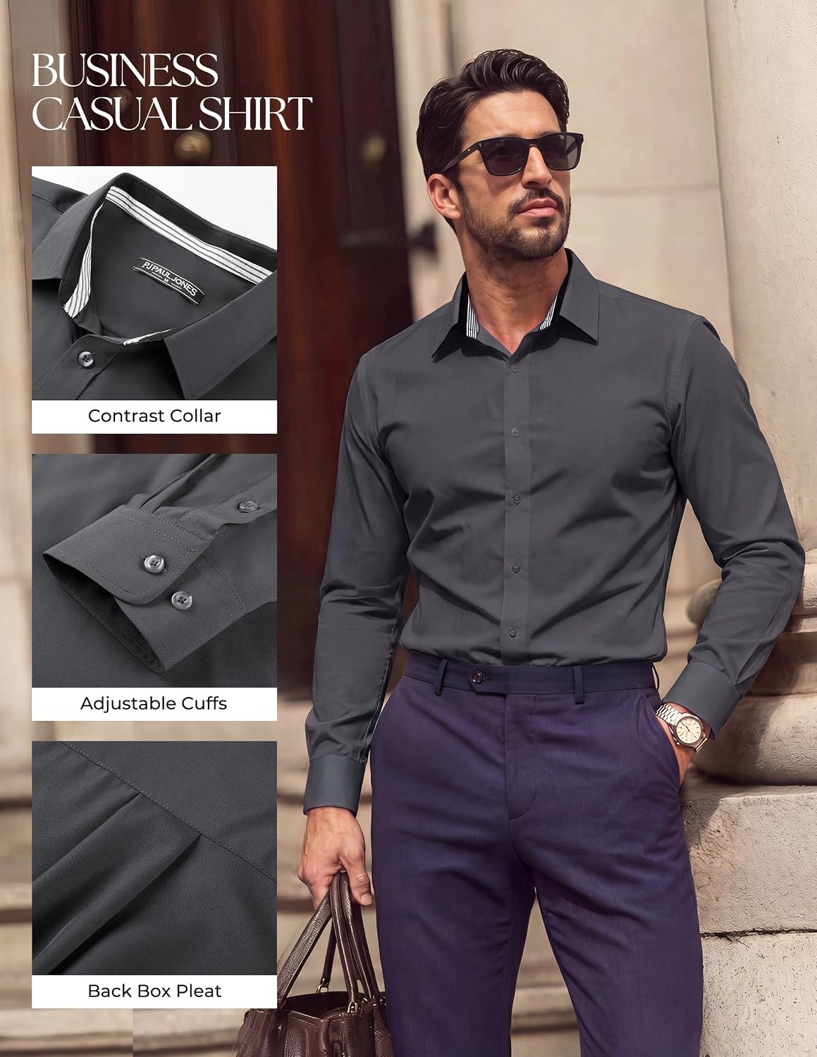 image:imagePJ PAUL JONES Mens Dress Shirts Long Sleeve Wrinkle Free Button Down Shirt Stretch Untucked Business Casual Button Up Shirt Collared Solid Color for Office Work Fomal Classic Regular FitMedium Gray