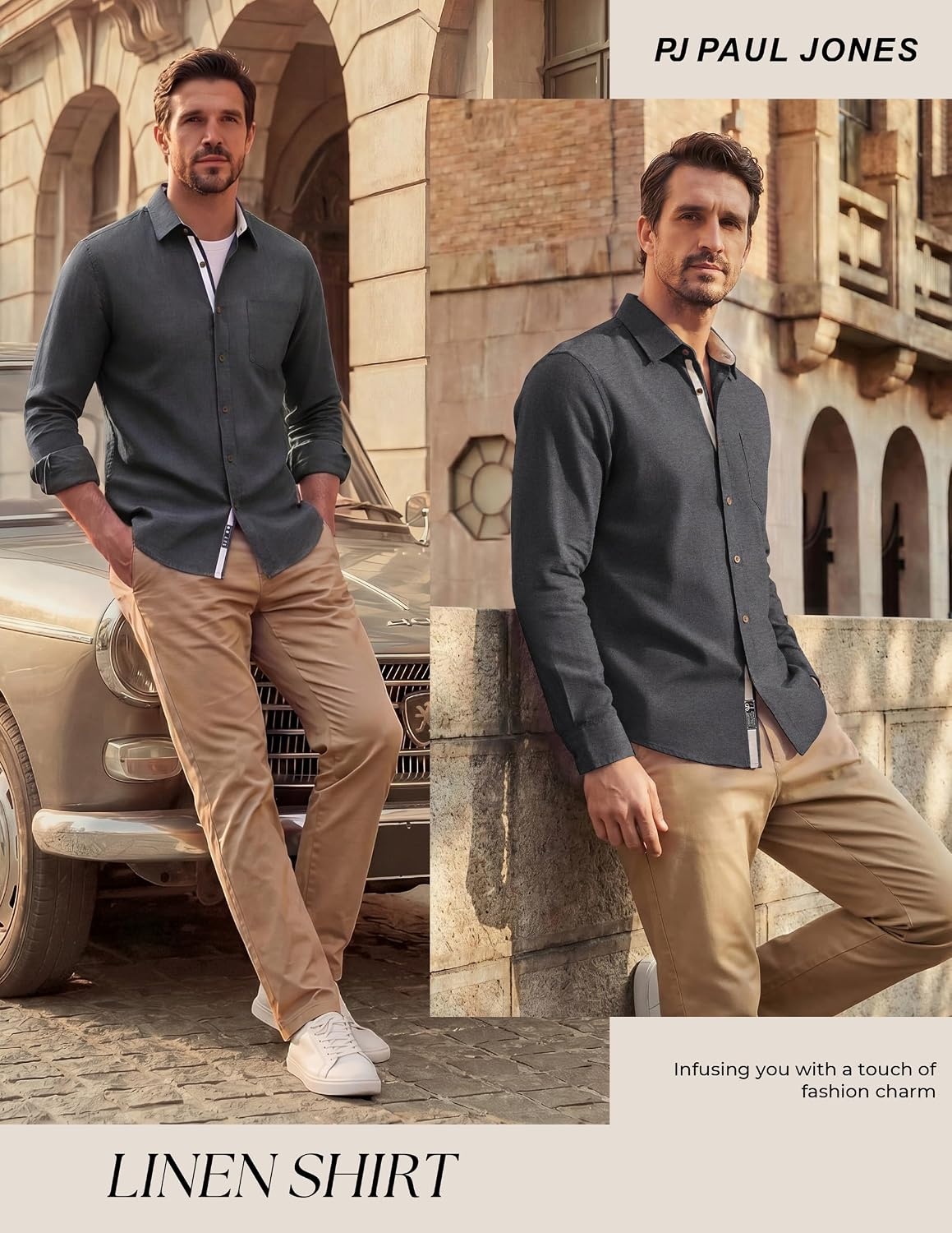 image:imagePJ PAUL JONES Mens Linen Shirt Long Sleeve Button Down Shirt Cotton Blend Regular Fit Collared Breathable Chest Pocket Suit for Daily Casual Business WorkDark Grey