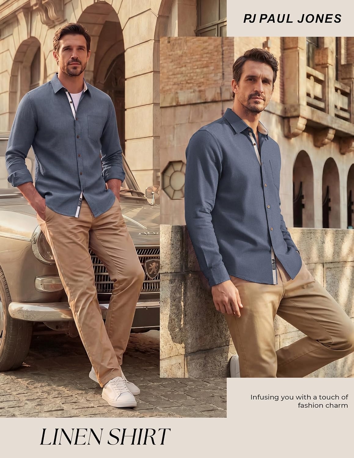 image:imagePJ PAUL JONES Mens Linen Shirt Long Sleeve Button Down Shirt Cotton Blend Regular Fit Collared Breathable Chest Pocket Suit for Daily Casual Business WorkNavy Blue