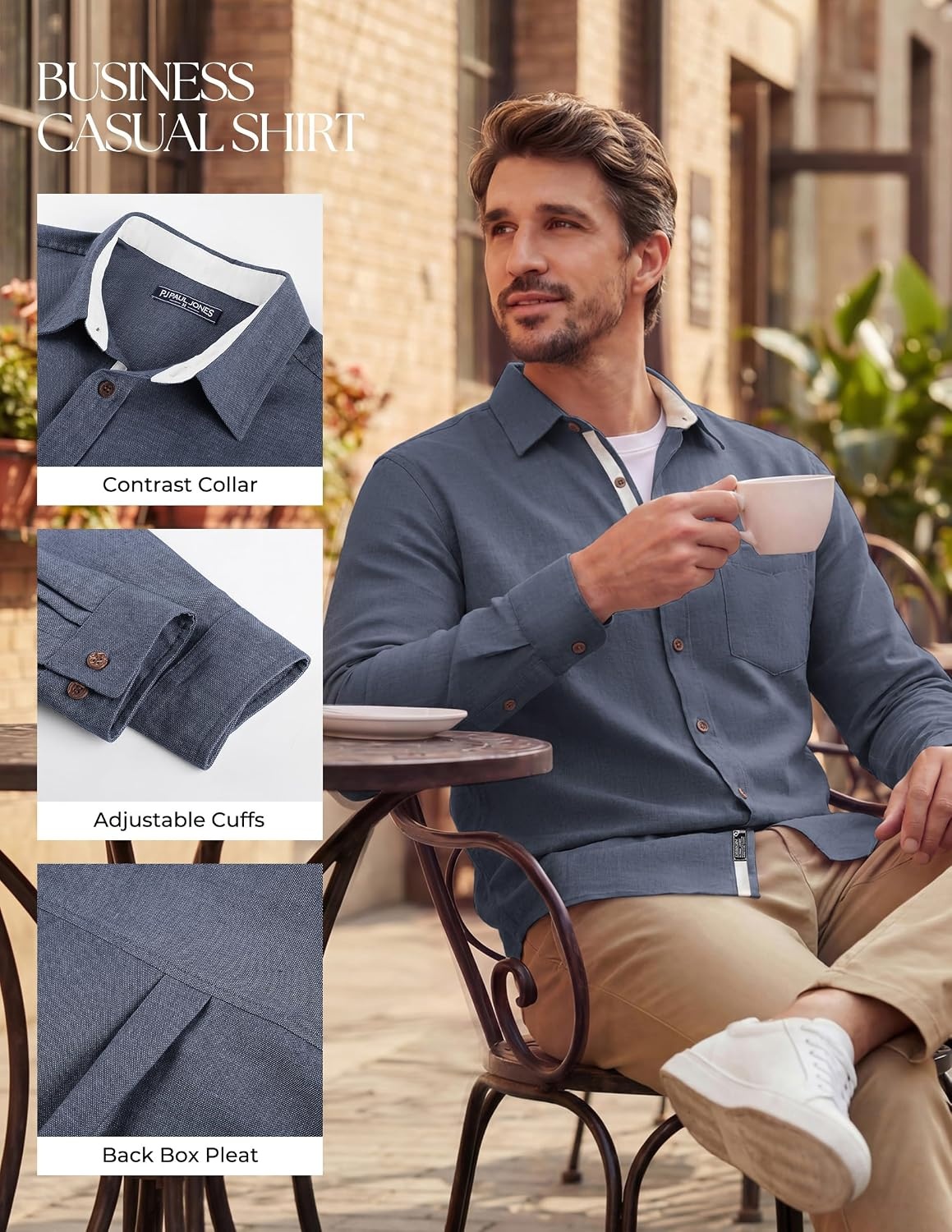 image:imagePJ PAUL JONES Mens Linen Shirt Long Sleeve Button Down Shirt Cotton Blend Regular Fit Collared Breathable Chest Pocket Suit for Daily Casual Business WorkNavy Blue