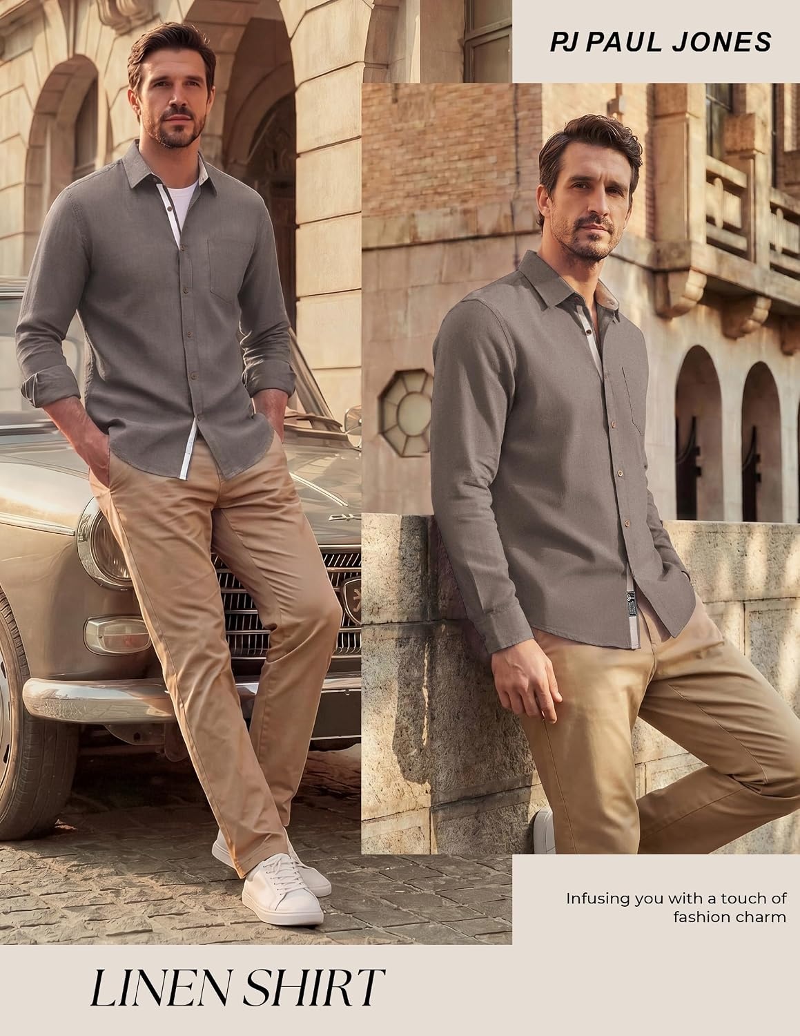 image:imagePJ PAUL JONES Mens Linen Shirt Long Sleeve Button Down Shirt Cotton Blend Regular Fit Collared Breathable Chest Pocket Suit for Daily Casual Business WorkCoffee