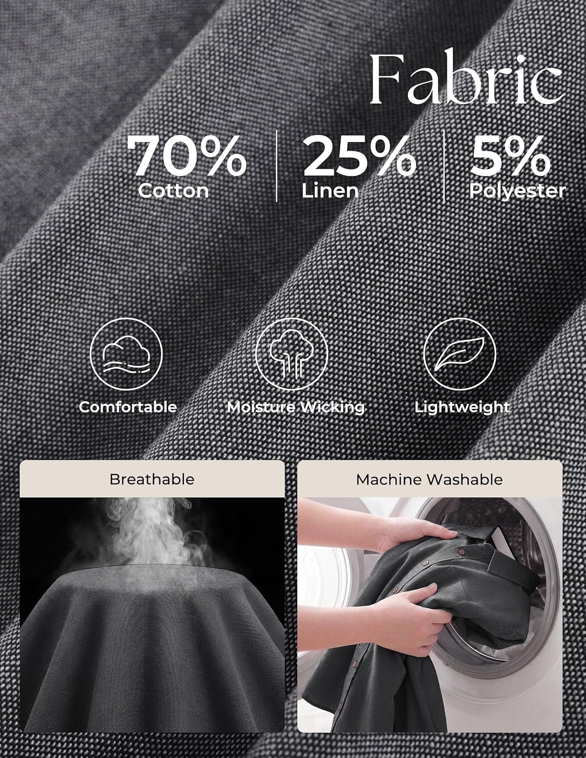 image:imagePJ PAUL JONES Mens Linen Shirt Long Sleeve Button Down Shirt Cotton Blend Regular Fit Collared Breathable Chest Pocket Suit for Daily Casual Business WorkDark Grey