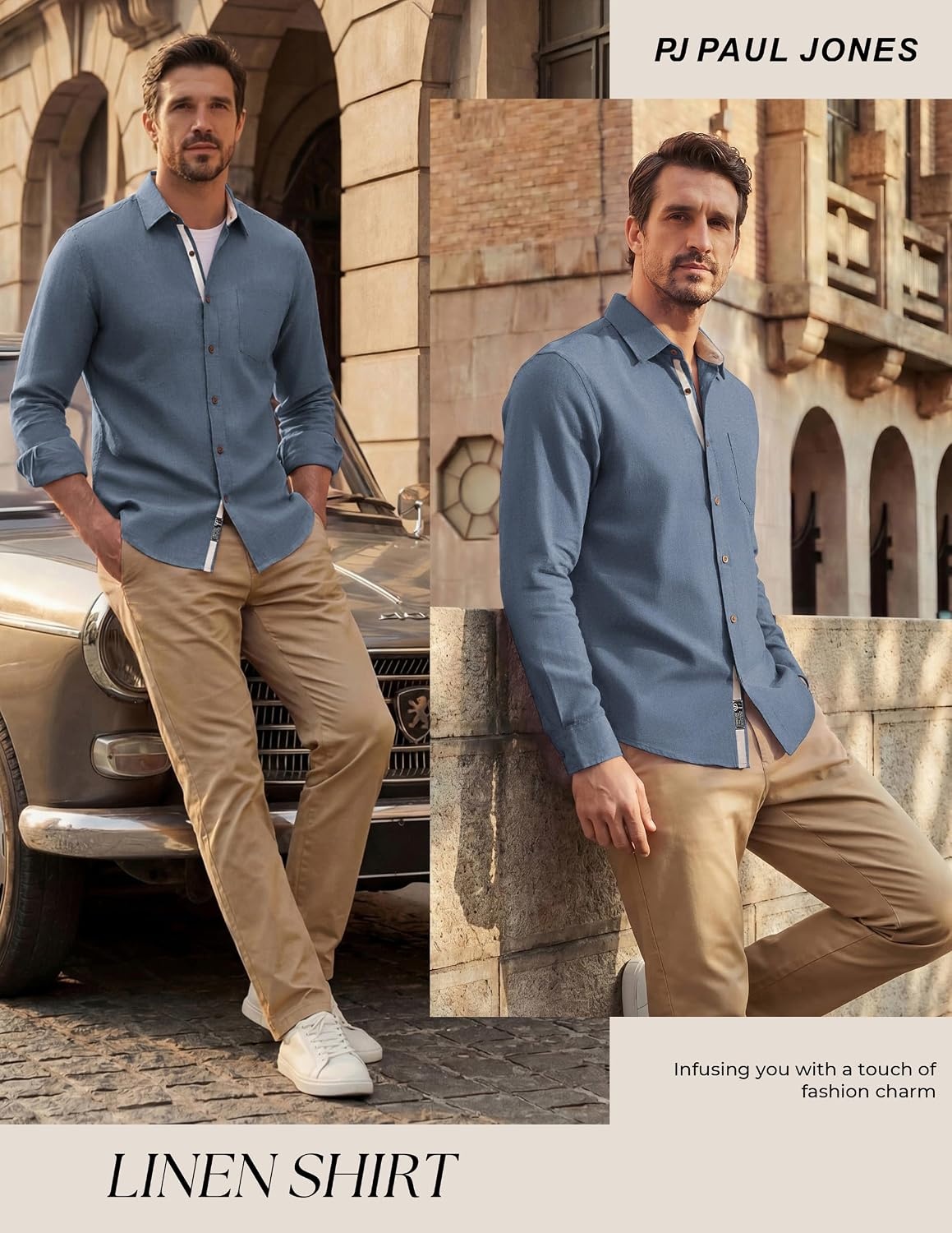 image:imagePJ PAUL JONES Mens Linen Shirt Long Sleeve Button Down Shirt Cotton Blend Regular Fit Collared Breathable Chest Pocket Suit for Daily Casual Business WorkBlue