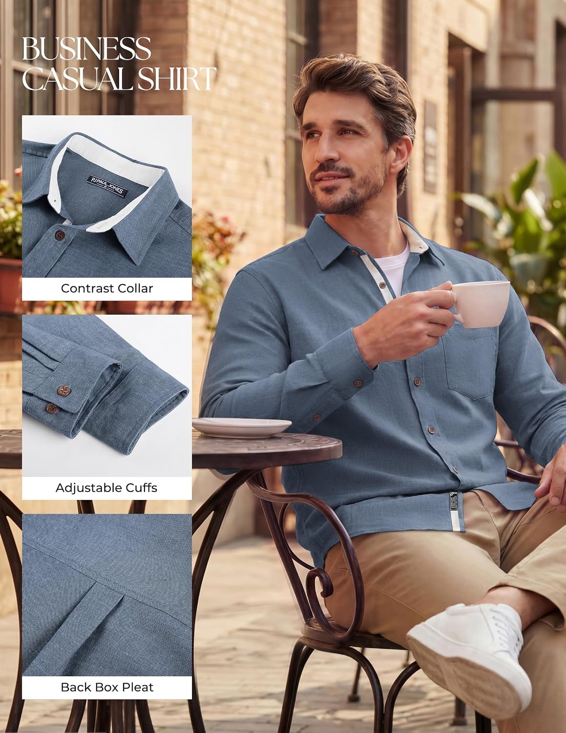image:imagePJ PAUL JONES Mens Linen Shirt Long Sleeve Button Down Shirt Cotton Blend Regular Fit Collared Breathable Chest Pocket Suit for Daily Casual Business WorkBlue