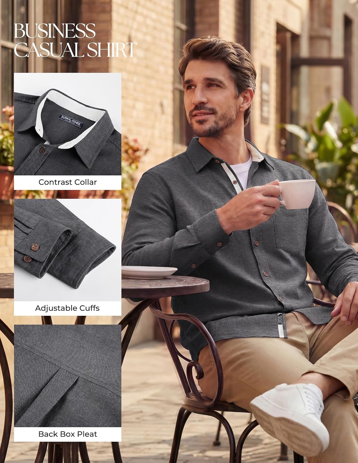image:imagePJ PAUL JONES Mens Linen Shirt Long Sleeve Button Down Shirt Cotton Blend Regular Fit Collared Breathable Chest Pocket Suit for Daily Casual Business WorkDark Grey