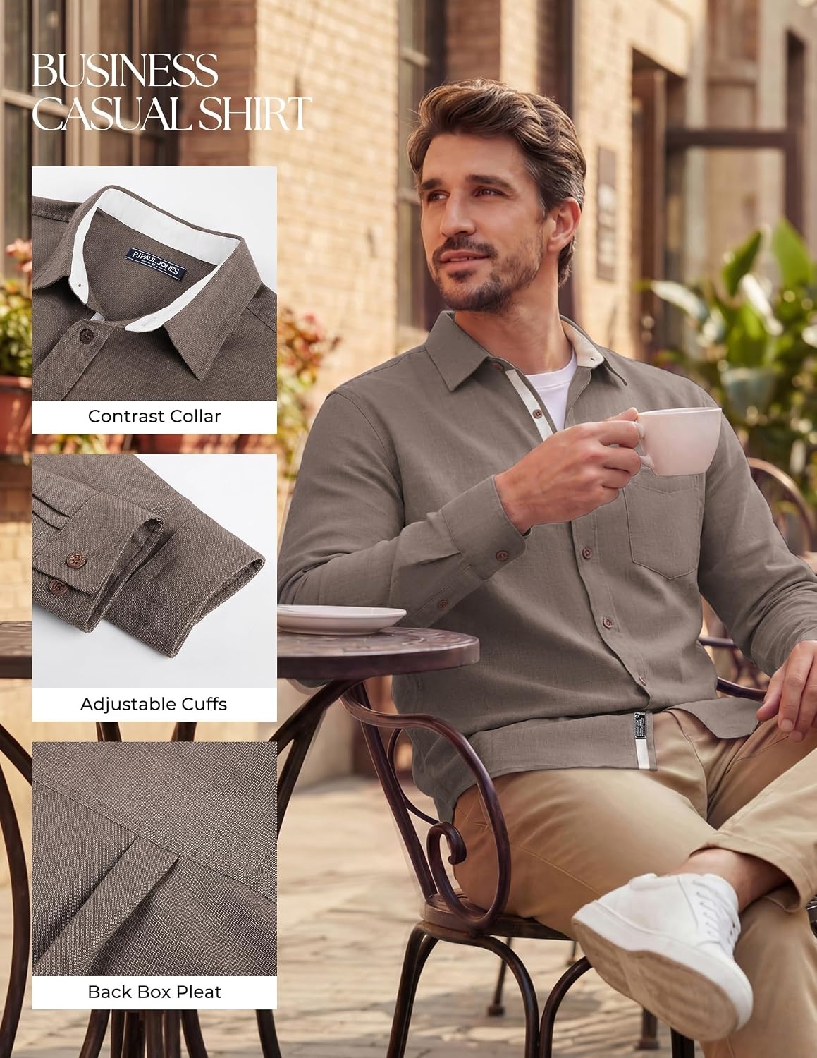 image:imagePJ PAUL JONES Mens Linen Shirt Long Sleeve Button Down Shirt Cotton Blend Regular Fit Collared Breathable Chest Pocket Suit for Daily Casual Business WorkCoffee