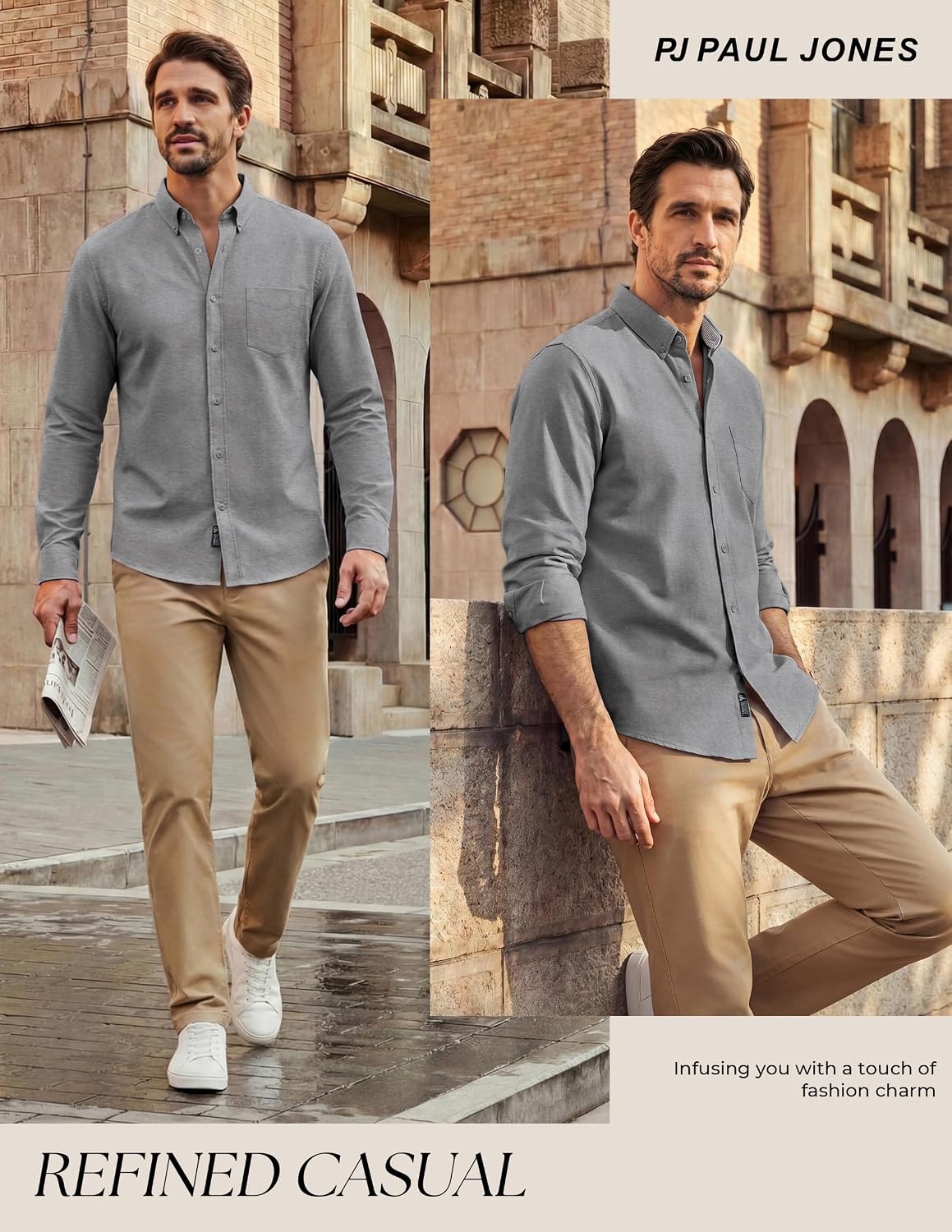 image:imagePJ PAUL JONES Mens Oxford Shirt Long Sleeve Button Down Shirt Untucked Hem Regular Fit ButtonDown Collar Adjustable Cuffs Breathable Chest Pocket Suit for Casual Business WorkGray