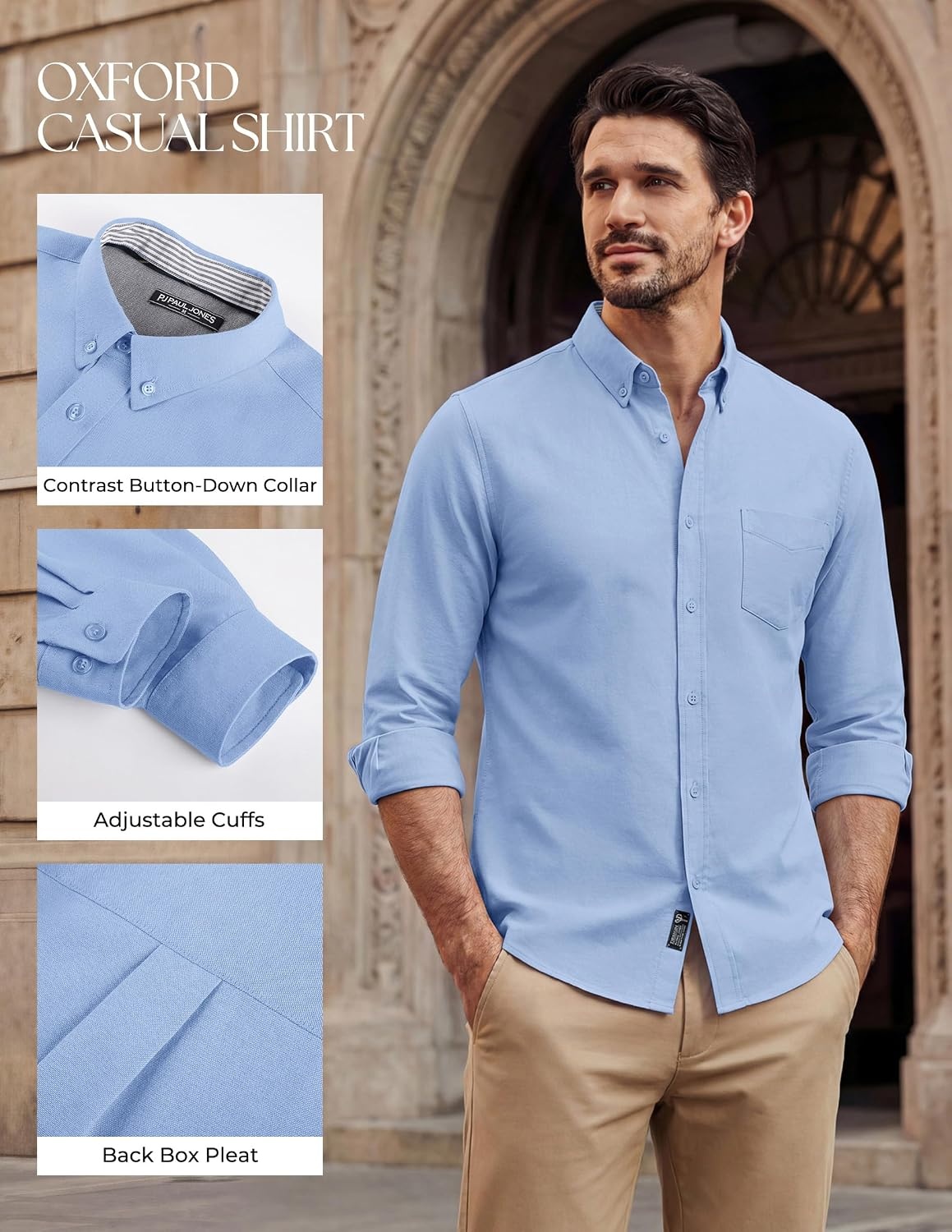 image:imagePJ PAUL JONES Mens Oxford Shirt Long Sleeve Button Down Shirt Untucked Hem Regular Fit ButtonDown Collar Adjustable Cuffs Breathable Chest Pocket Suit for Casual Business WorkBlue