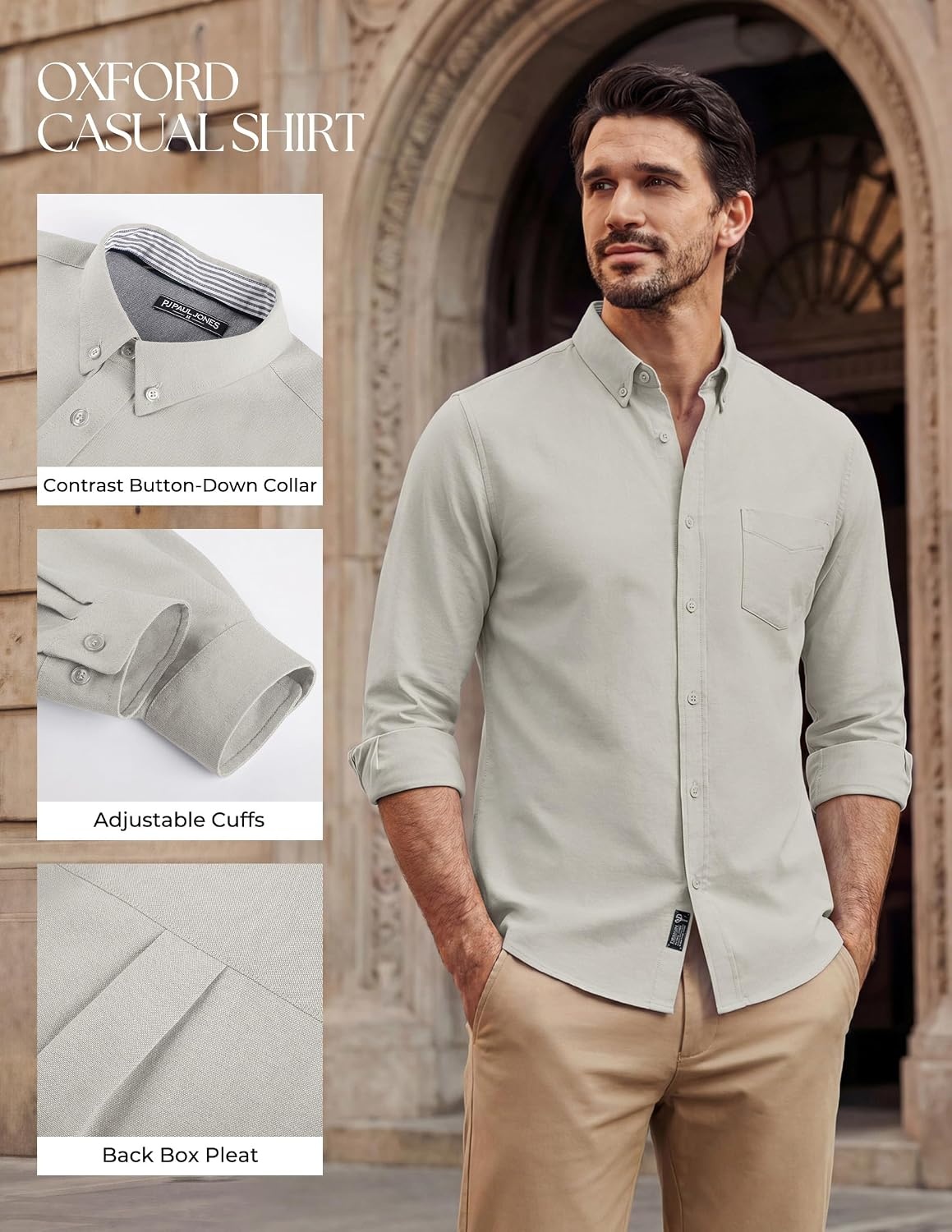 image:imagePJ PAUL JONES Mens Oxford Shirt Long Sleeve Button Down Shirt Untucked Hem Regular Fit ButtonDown Collar Adjustable Cuffs Breathable Chest Pocket Suit for Casual Business WorkKhaki Gray