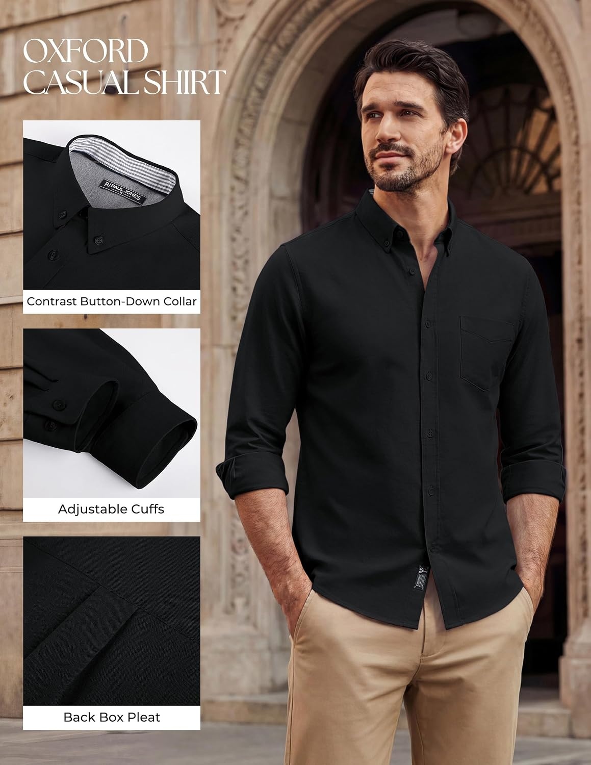 image:imagePJ PAUL JONES Mens Oxford Shirt Long Sleeve Button Down Shirt Untucked Hem Regular Fit ButtonDown Collar Adjustable Cuffs Breathable Chest Pocket Suit for Casual Business WorkBlack