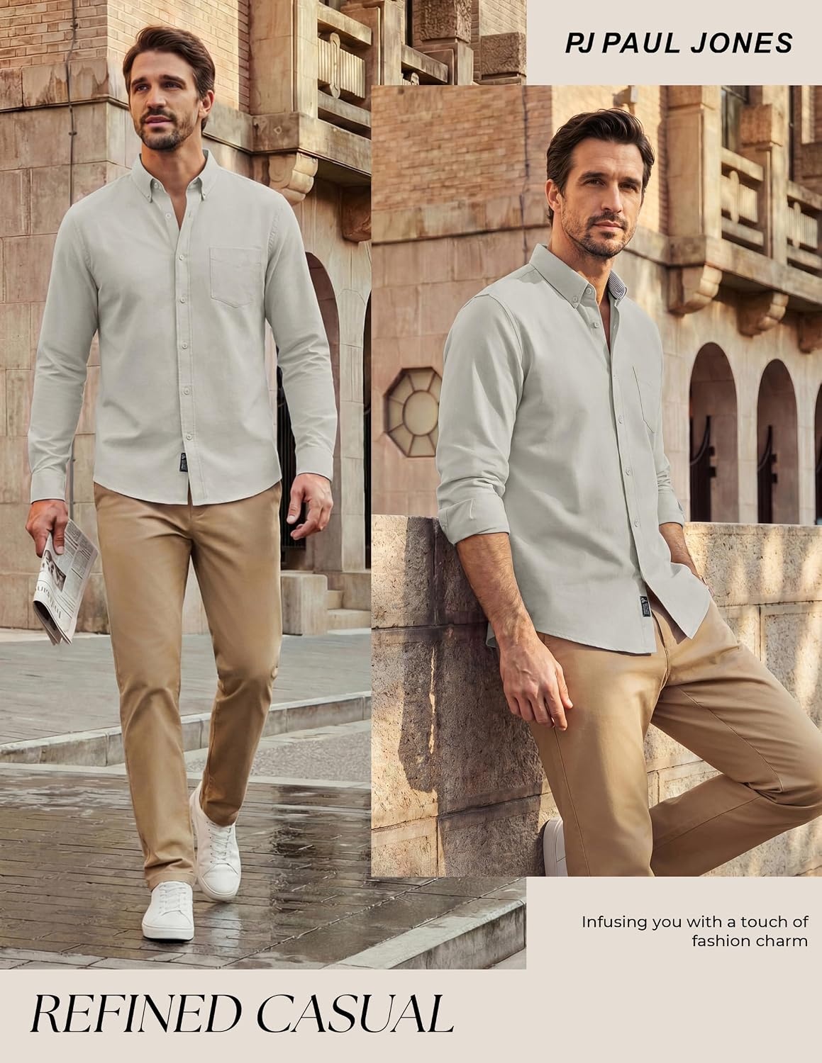 image:imagePJ PAUL JONES Mens Oxford Shirt Long Sleeve Button Down Shirt Untucked Hem Regular Fit ButtonDown Collar Adjustable Cuffs Breathable Chest Pocket Suit for Casual Business WorkKhaki Gray