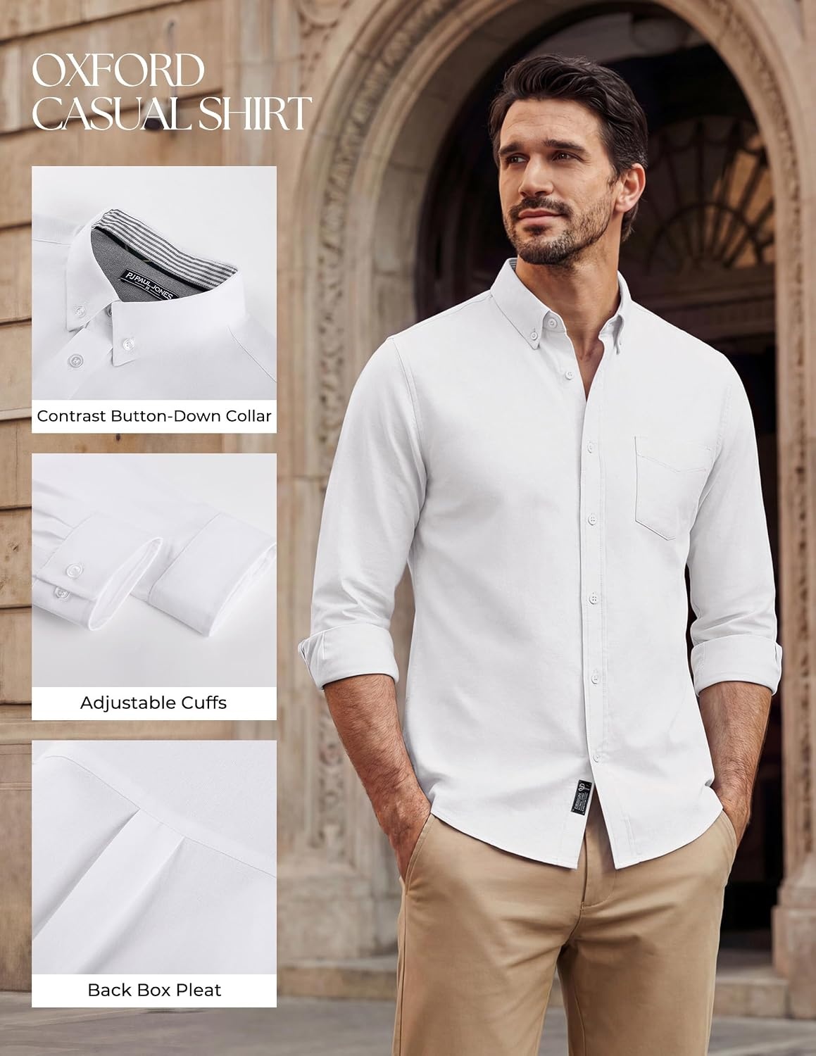 image:imagePJ PAUL JONES Mens Oxford Shirt Long Sleeve Button Down Shirt Untucked Hem Regular Fit ButtonDown Collar Adjustable Cuffs Breathable Chest Pocket Suit for Casual Business WorkWhite