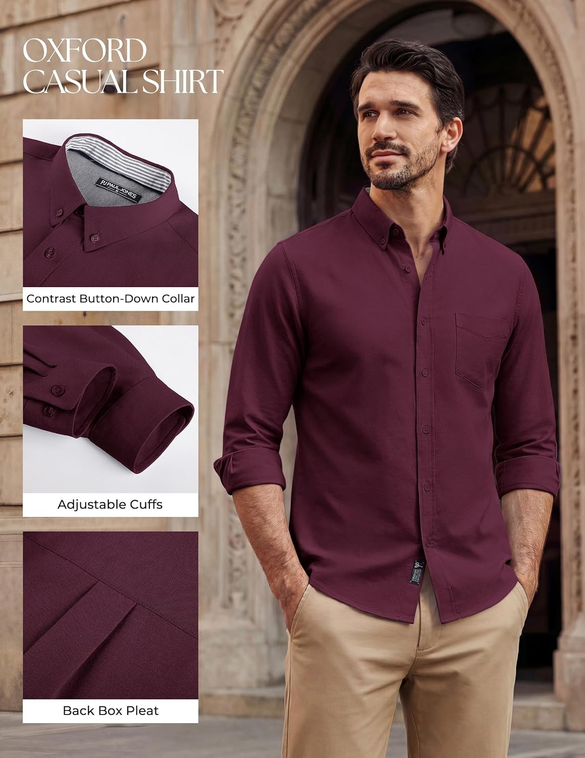 image:imagePJ PAUL JONES Mens Oxford Shirt Long Sleeve Button Down Shirt Untucked Hem Regular Fit ButtonDown Collar Adjustable Cuffs Breathable Chest Pocket Suit for Casual Business WorkWine Red