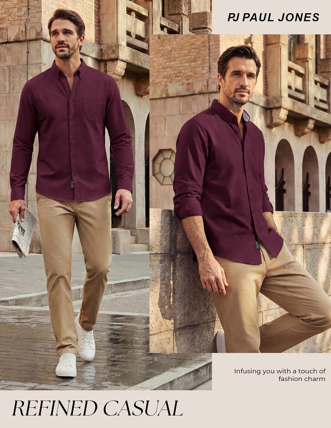 image:imagePJ PAUL JONES Mens Oxford Shirt Long Sleeve Button Down Shirt Untucked Hem Regular Fit ButtonDown Collar Adjustable Cuffs Breathable Chest Pocket Suit for Casual Business WorkWine Red