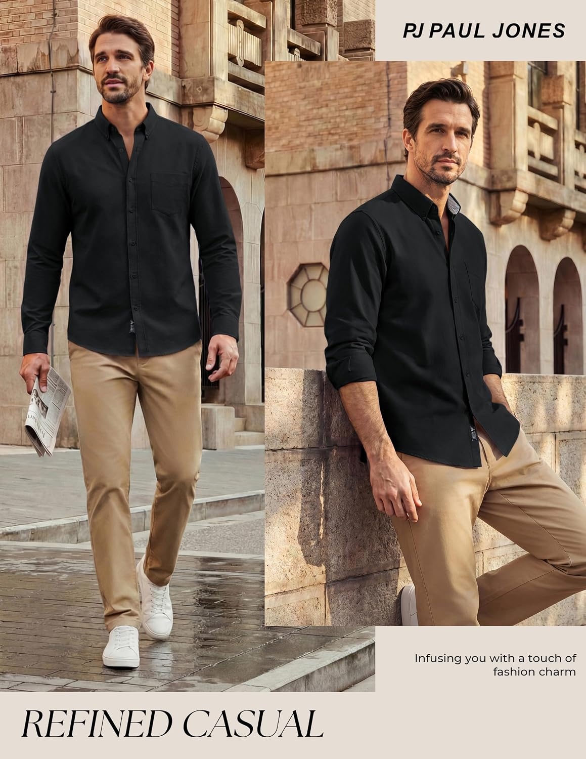 image:imagePJ PAUL JONES Mens Oxford Shirt Long Sleeve Button Down Shirt Untucked Hem Regular Fit ButtonDown Collar Adjustable Cuffs Breathable Chest Pocket Suit for Casual Business WorkBlack