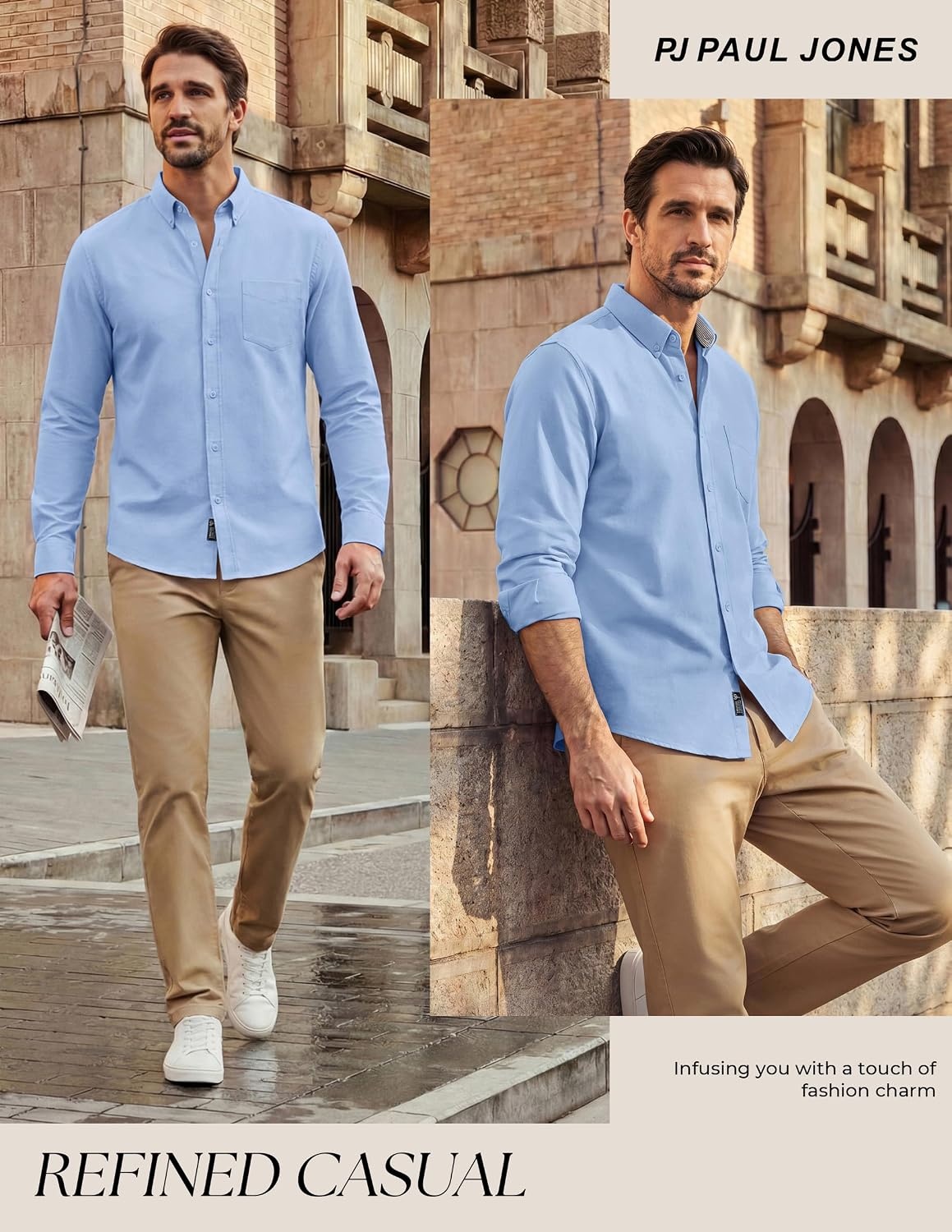 image:imagePJ PAUL JONES Mens Oxford Shirt Long Sleeve Button Down Shirt Untucked Hem Regular Fit ButtonDown Collar Adjustable Cuffs Breathable Chest Pocket Suit for Casual Business WorkBlue