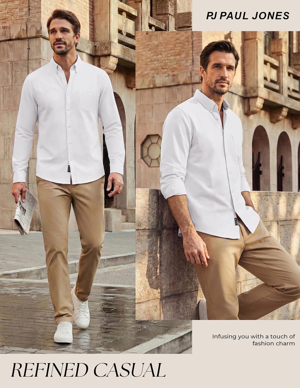 image:imagePJ PAUL JONES Mens Oxford Shirt Long Sleeve Button Down Shirt Untucked Hem Regular Fit ButtonDown Collar Adjustable Cuffs Breathable Chest Pocket Suit for Casual Business WorkWhite