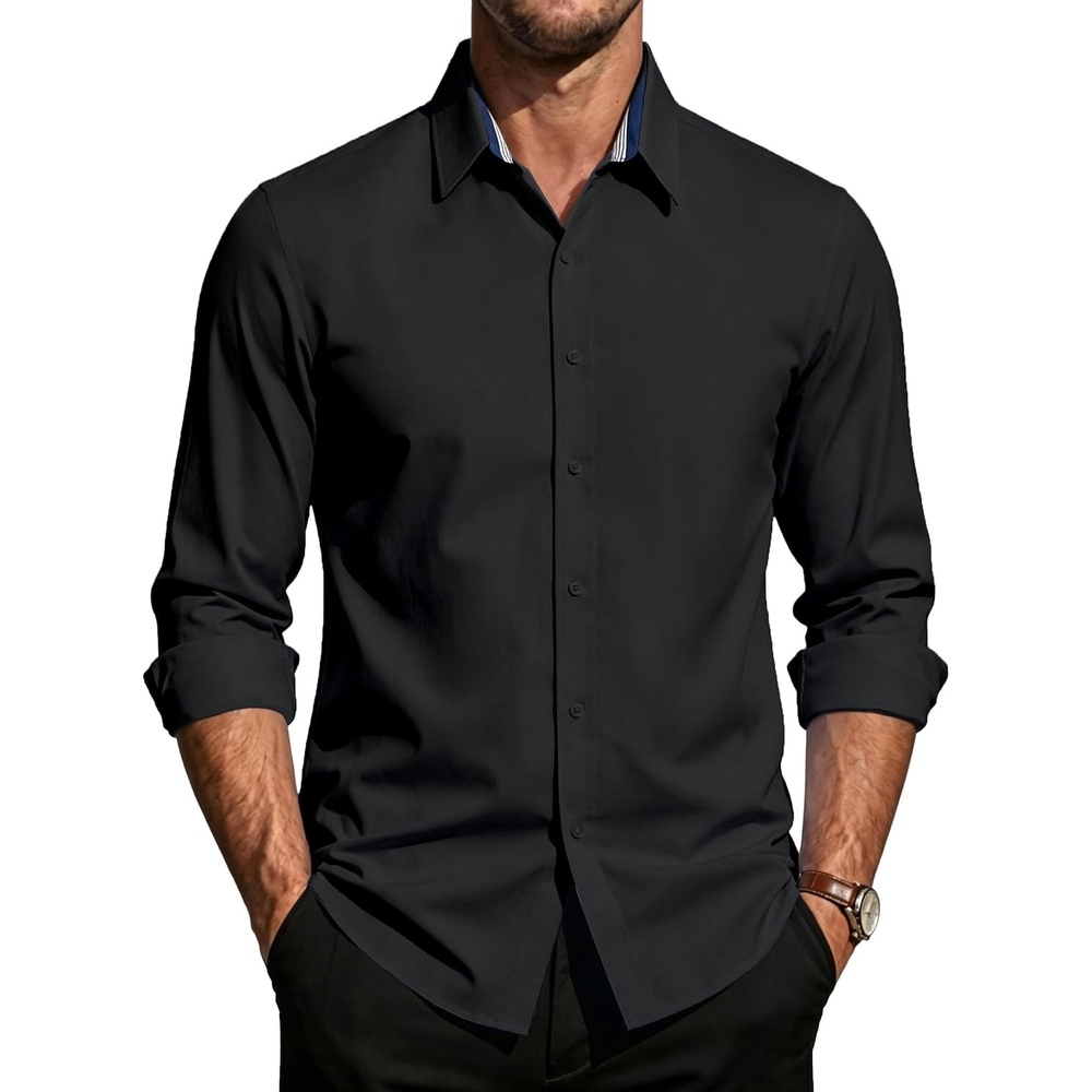 image:imagePJ PAUL JONES Mens Dress Shirts Long Sleeve Wrinkle Free Button Down Shirt  Stretch Untucked Business Casual Button Up Shirt Collared Solid Color for Office Work Fomal Classic Regular FitBlack