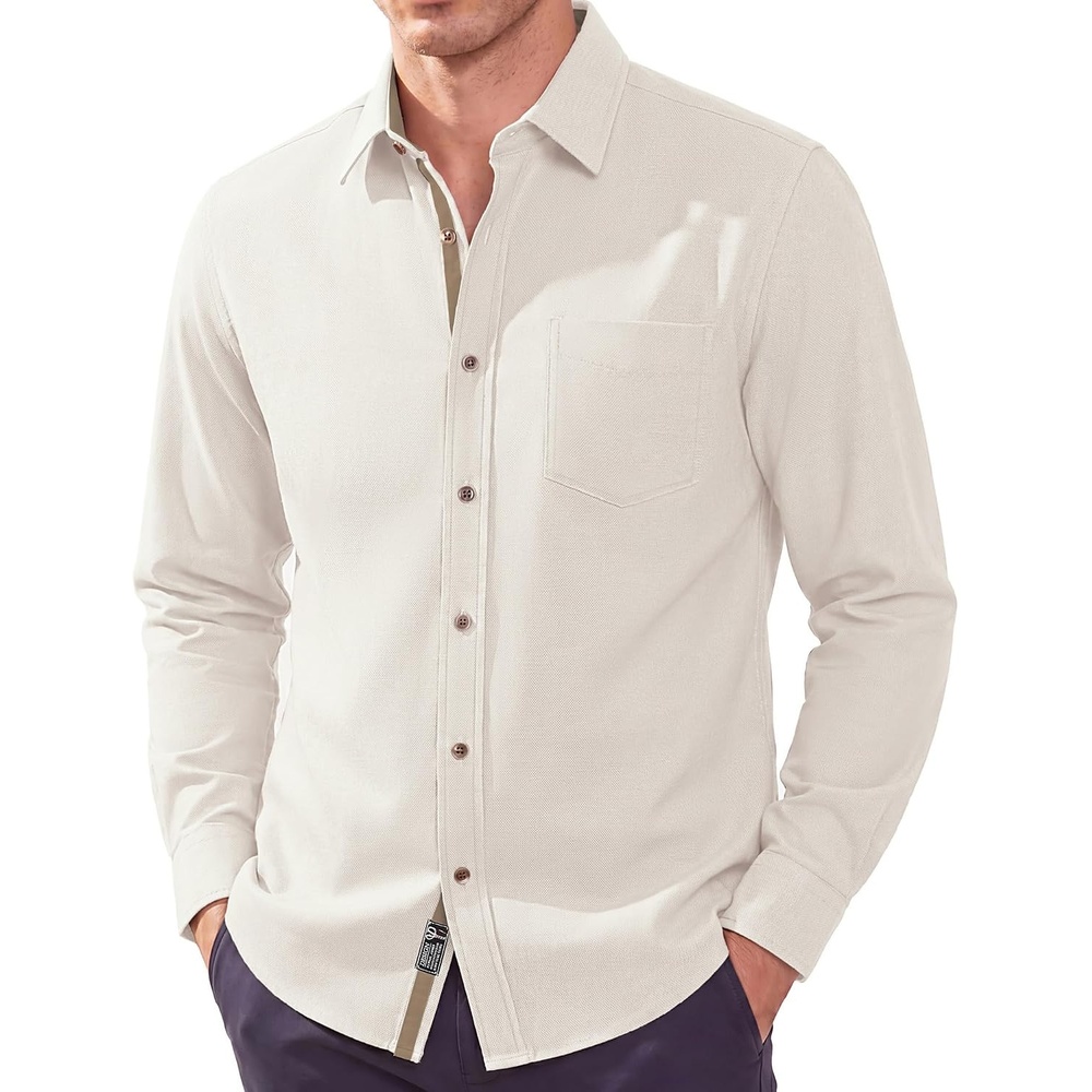 image:imagePJ PAUL JONES Mens Linen Shirt Long Sleeve Button Down Shirt Cotton Blend Regular Fit Collared Breathable Chest Pocket Suit for Daily Casual Business WorkApricot