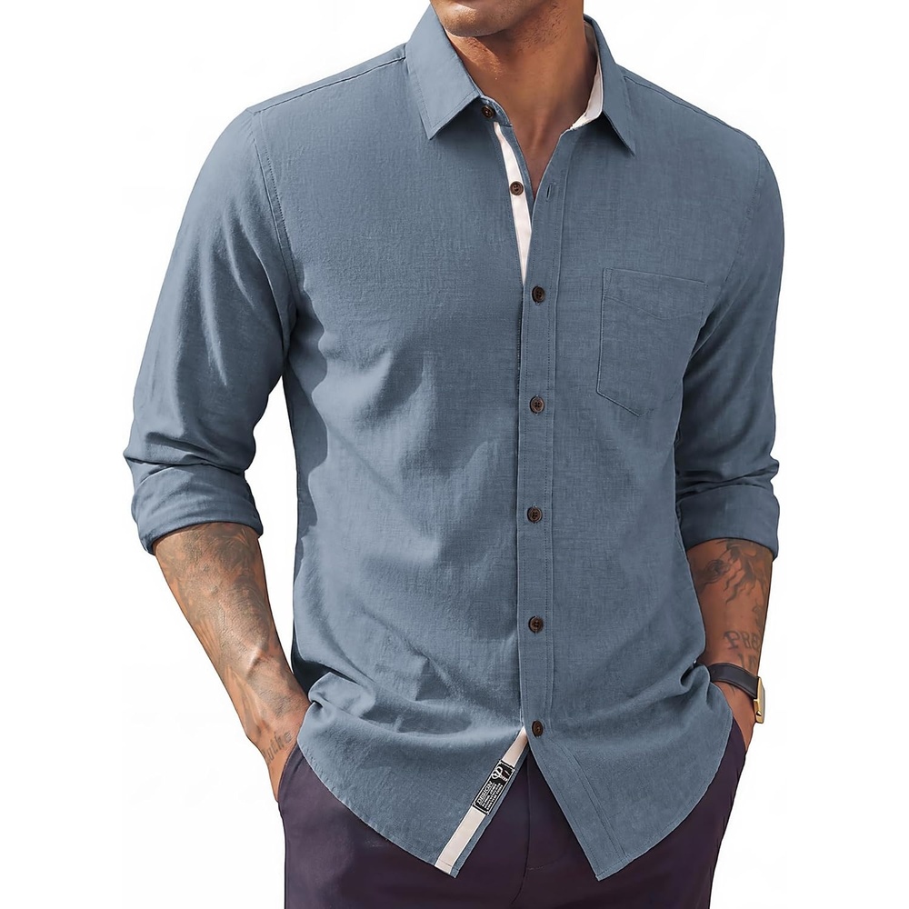 image:imagePJ PAUL JONES Mens Linen Shirt Long Sleeve Button Down Shirt Cotton Blend Regular Fit Collared Breathable Chest Pocket Suit for Daily Casual Business WorkBlue