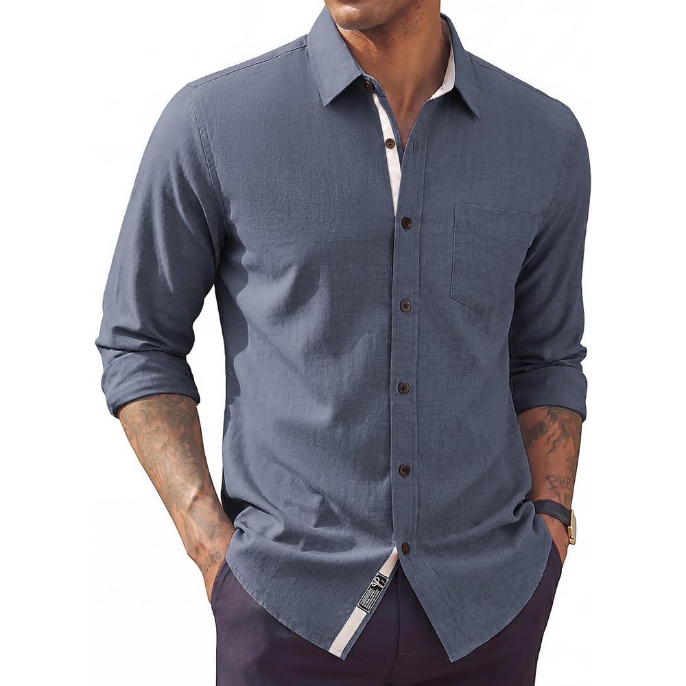 image:imagePJ PAUL JONES Mens Linen Shirt Long Sleeve Button Down Shirt  Cotton Blend Regular Fit Collared Breathable Chest Pocket Suit for Daily Casual Business WorkNavy Blue